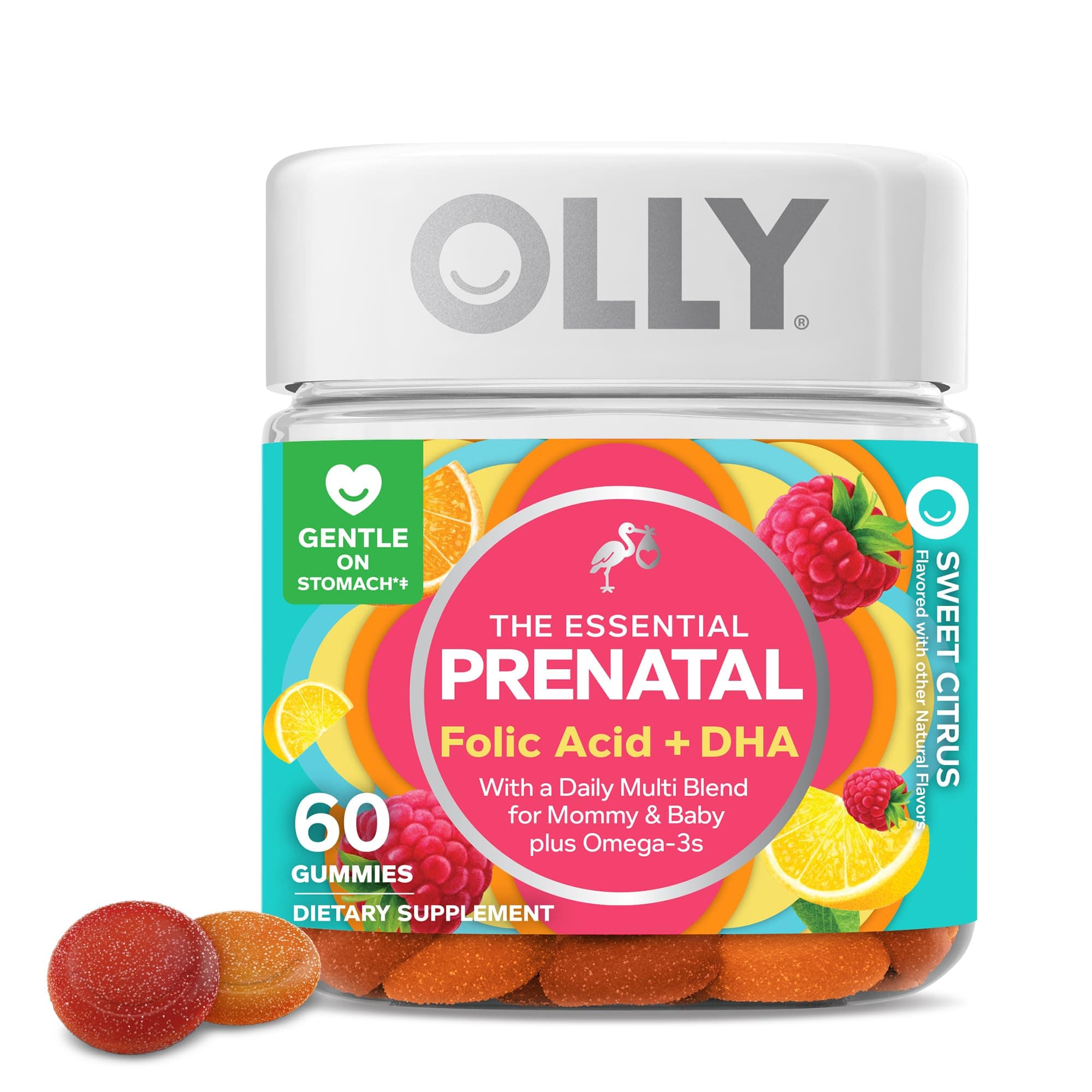 OLLY Prenatal Multivitamin Gummy, Supports Healthy Growth and Brain Development, Folic Acid, Vitamin D, Omega 3 DHA, Chewable Supplement, Citrus Berry Flavor, 30 Day Supply - 60 Count 60 Count (Pack of 1)