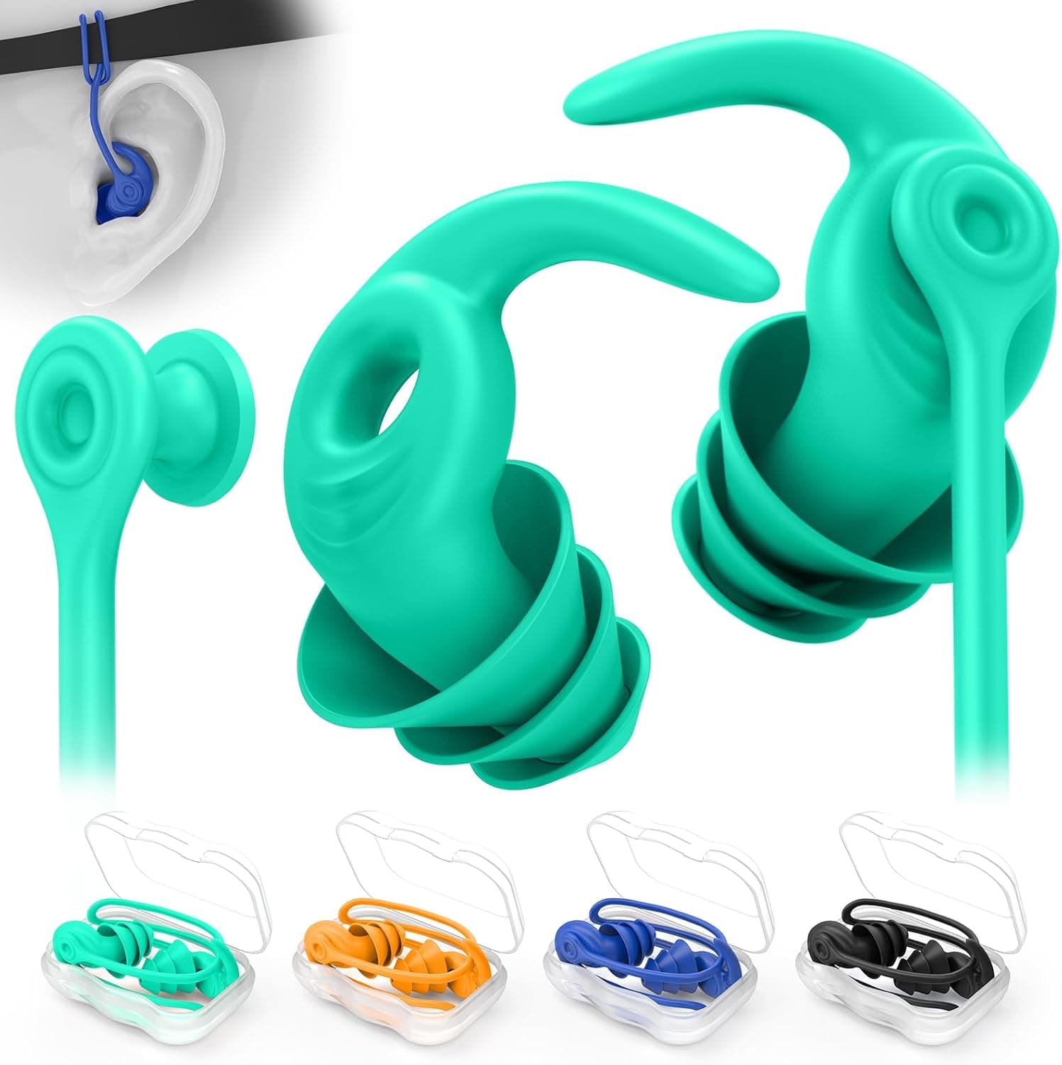 Swimming Ear Plugs for Adults, 4 Pairs Waterproof Reusable Silicone Swim Earplugs with Removable Cord, Perfect for Swimming, Showering, Surfing and Other Water Sports - Two Wearing Styles Multicolored 5 1 pair (Pack of 4)