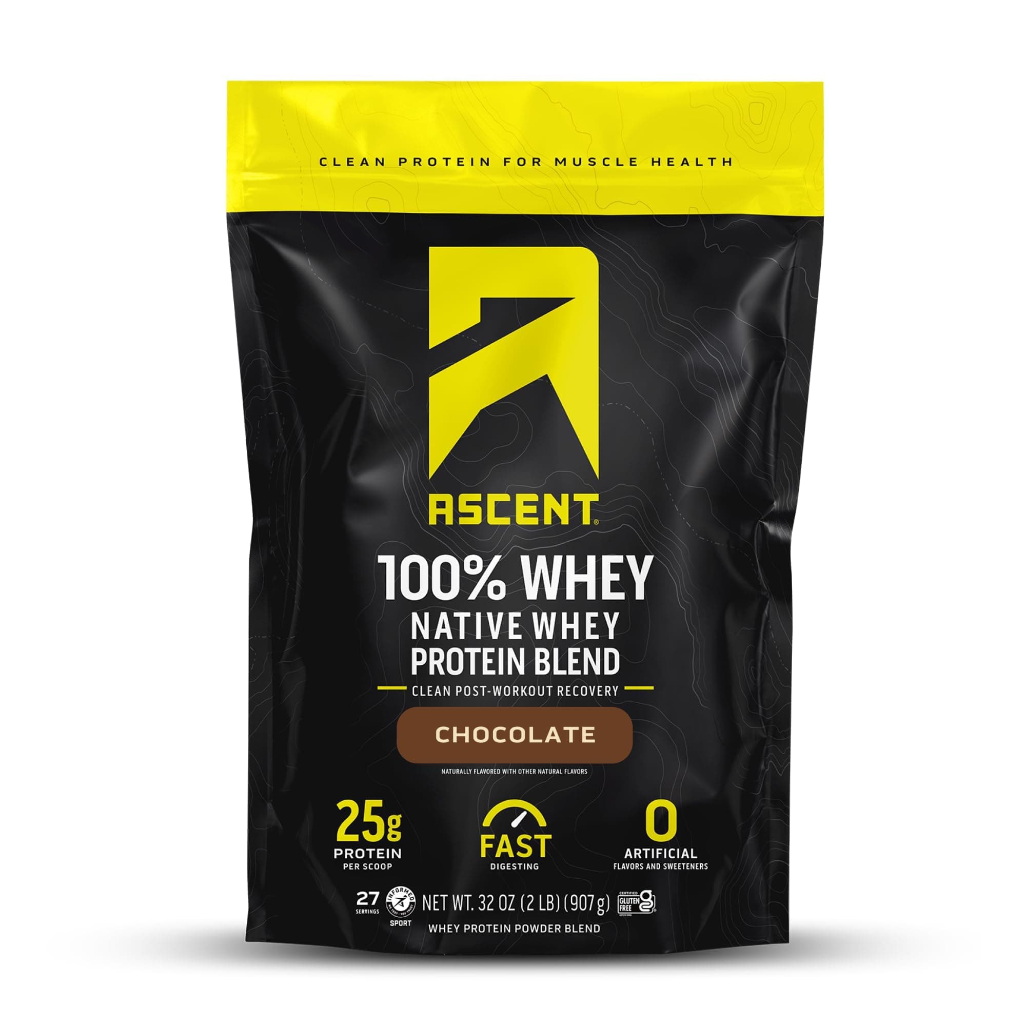Ascent 100% Whey Protein Powder - Post Workout Whey Protein Isolate, Zero Artificial Flavors & Sweeteners, Gluten Free, 5.5g BCAA, 2.6g Leucine, Essential Amino Acids, Chocolate 2 lb Chocolate 2 Pound (Pack of 1)