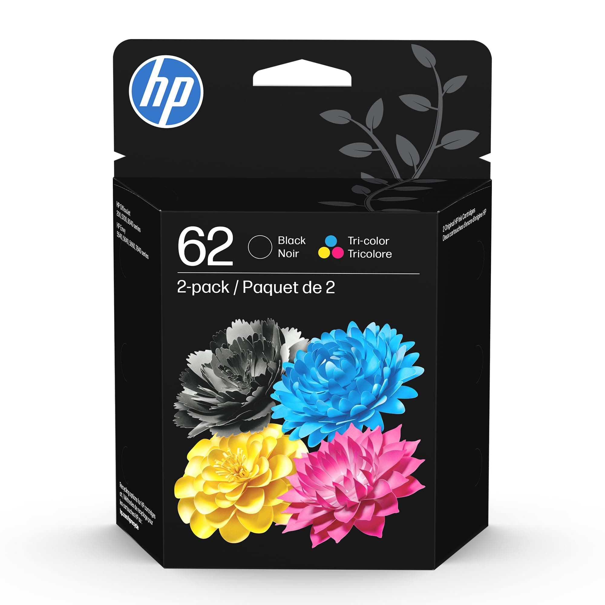 HP 62 Black/Tri-color Ink (2-pack) | Works with ENVY 5540, 5640, 5660, 7640, OfficeJet 5740, 8040, OfficeJet Mobile 200, 250 | Instant Ink Eligible | N9H64FN | Packaging May Vary