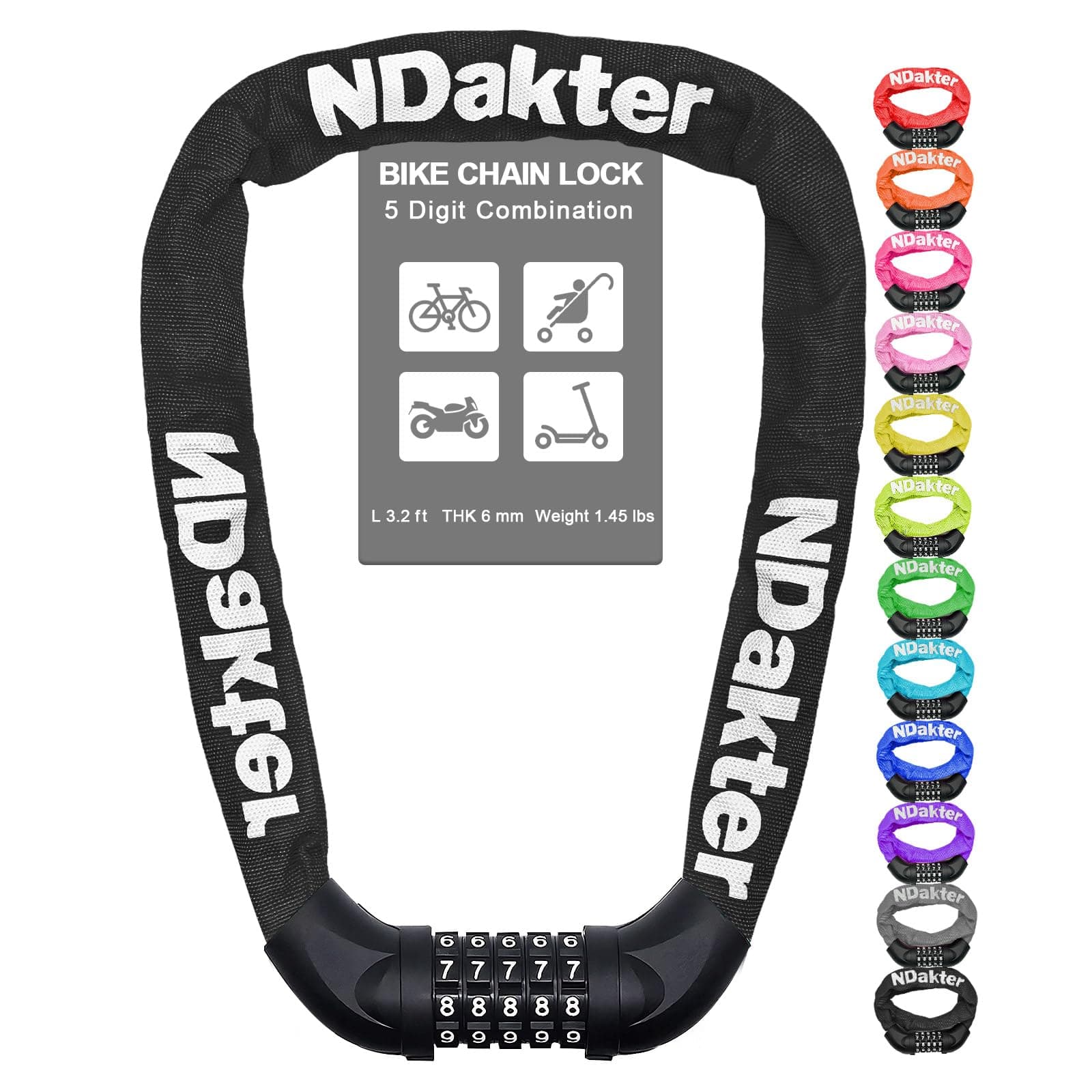NDakter Bike Lock, 5 Digit Combination Heavy Duty Anti Theft Bicycle Chain Lock, 2.62/3.2/4.27/5/6Ft Long, High Security Resettable, Suitable for Bike, Scooter, Door, Gate, Fence-4/6mm Thick Black 3.2 feet Long, 6 mm Thick