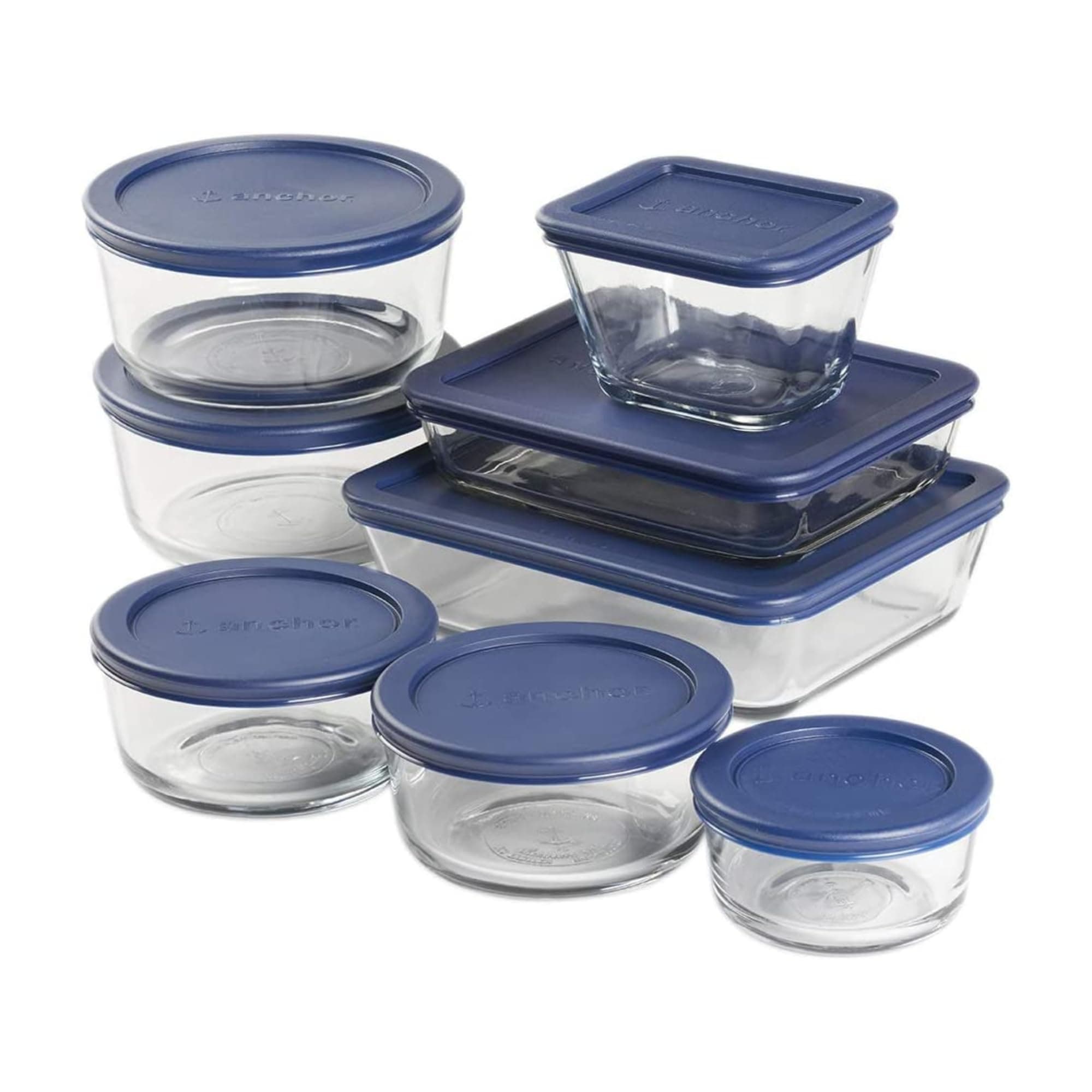 Anchor Hocking 16 Piece Glass Storage Containers with Lids (8 Glass Food Storage Containers & 8 Navy Blue SnugFit Lids) Navy Blue 16 Piece Set