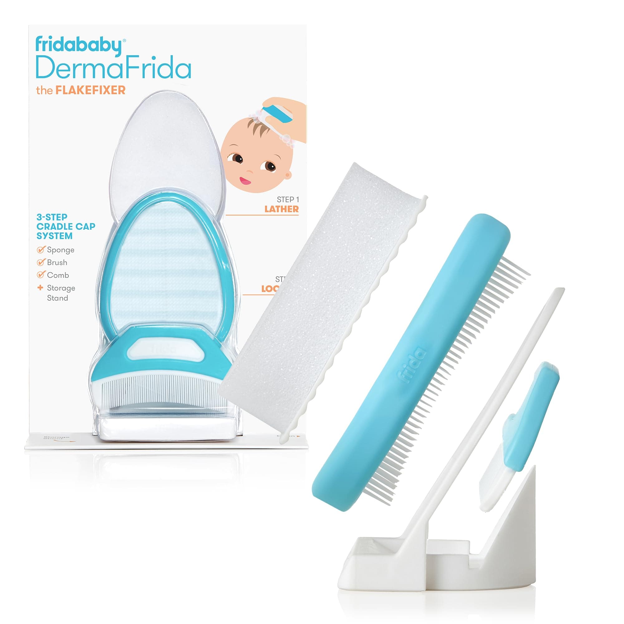 Frida Baby The 3-Step Cradle Cap System, DermaFrida The FlakeFixer, Sponge, Brush, Comb and Storage Stand for Babies with Cradle Cap, White-Blue 3-Step Flake Fixer System