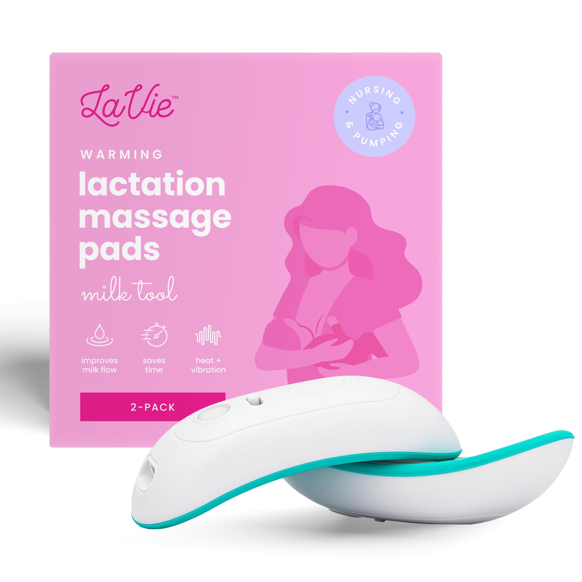LaVie 2-in-1 Warming Lactation Massager, 2 Pack, Heat and Vibration, Pumping and Breastfeeding Essential, for Clogged Ducts, Improved Milk Flow, Mastitis Teal Double