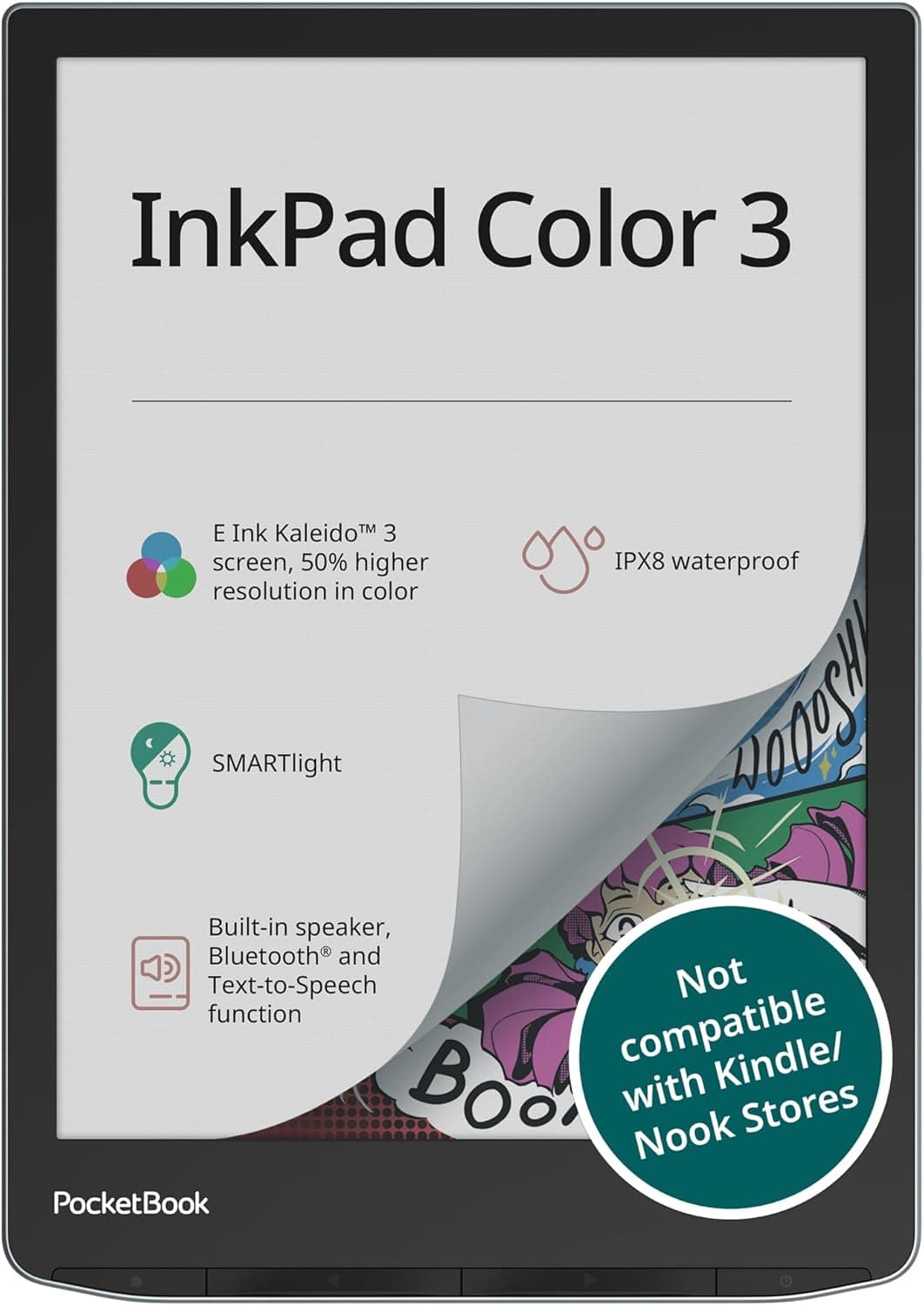 PocketBook InkPad Color 3 E Ink E-Reader 32GB - Enhanced 7.8'' Color E-Paper Display-Eye-Friendly Audio-Book & E-Book Reader-Text-to-Speech-SMARTlight, Bluetooth, Built-in Speaker-Waterproof