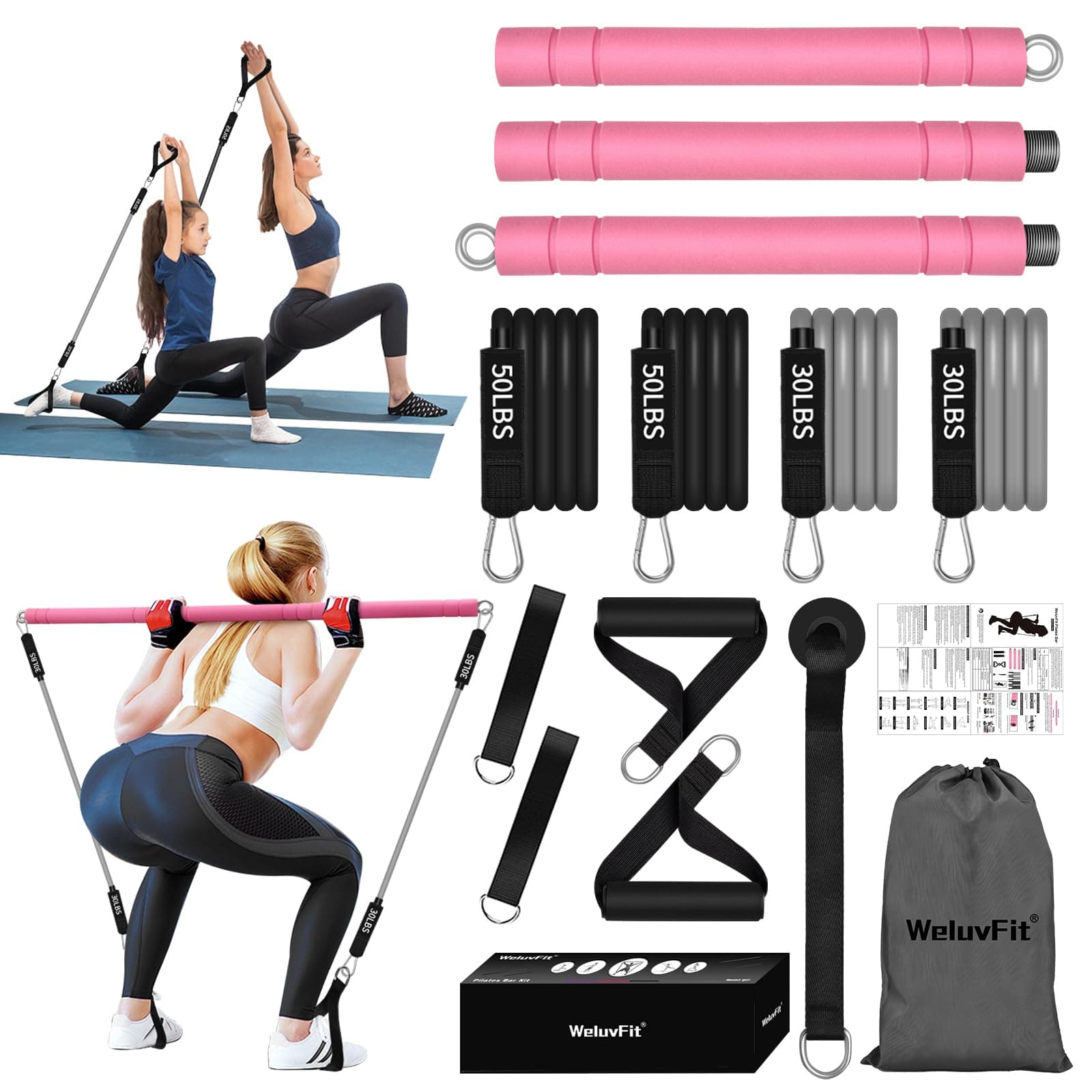 Pilates Bar Kit with Resistance Band-Multifunctional Portable Weighted Exercise Pilates Bar, Home Gym with Beginner Workout Equipment, Yoga Set for Full Body Pink