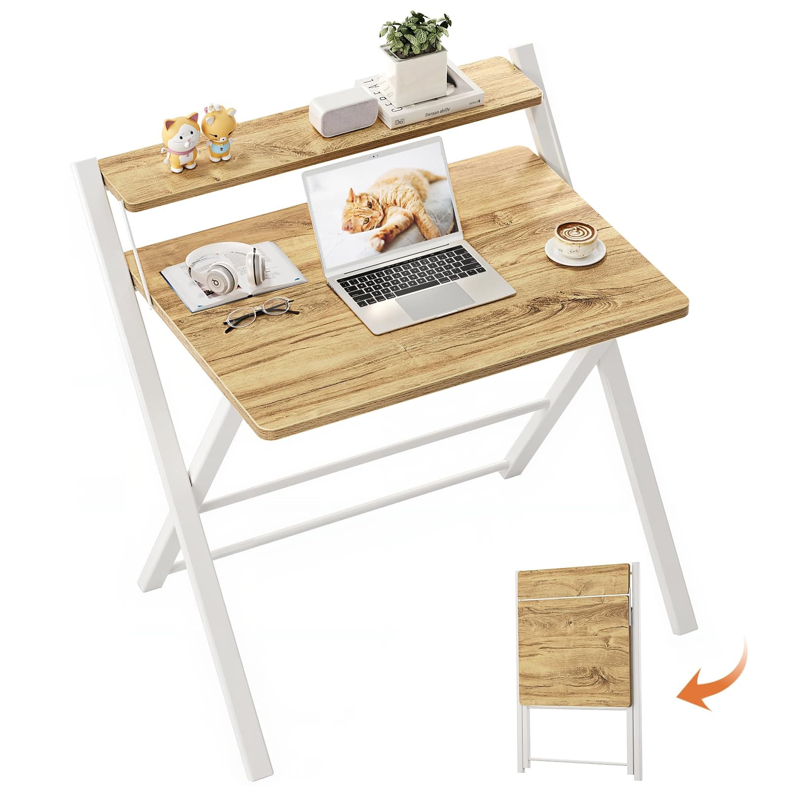 GreenForest Portable Small Desk No Assembly, 2-Tier Compact Computer Desk with Shelf, Space Saving Foldable Table for Home Office, Bedroom or Apartment, Portable Collapsible Sturdy Laptop Desk, Oak 22 x 27.3 inch Oak