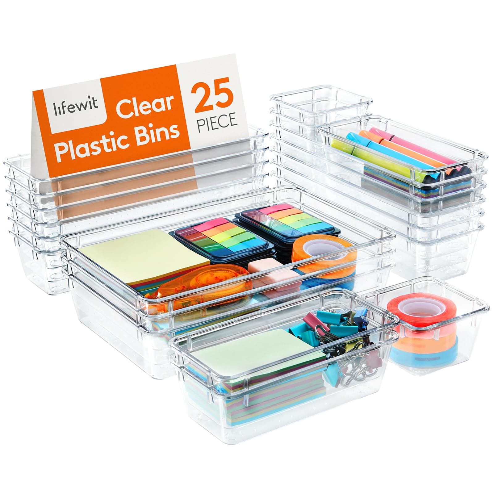 Lifewit 25 PCS Drawer Organizer Set Clear Plastic Desk Drawer Dividers Trays Dresser Storage Bins Separation Box for Makeup, Jewelries and Gadgets, Bedroom, Bathroom, Office