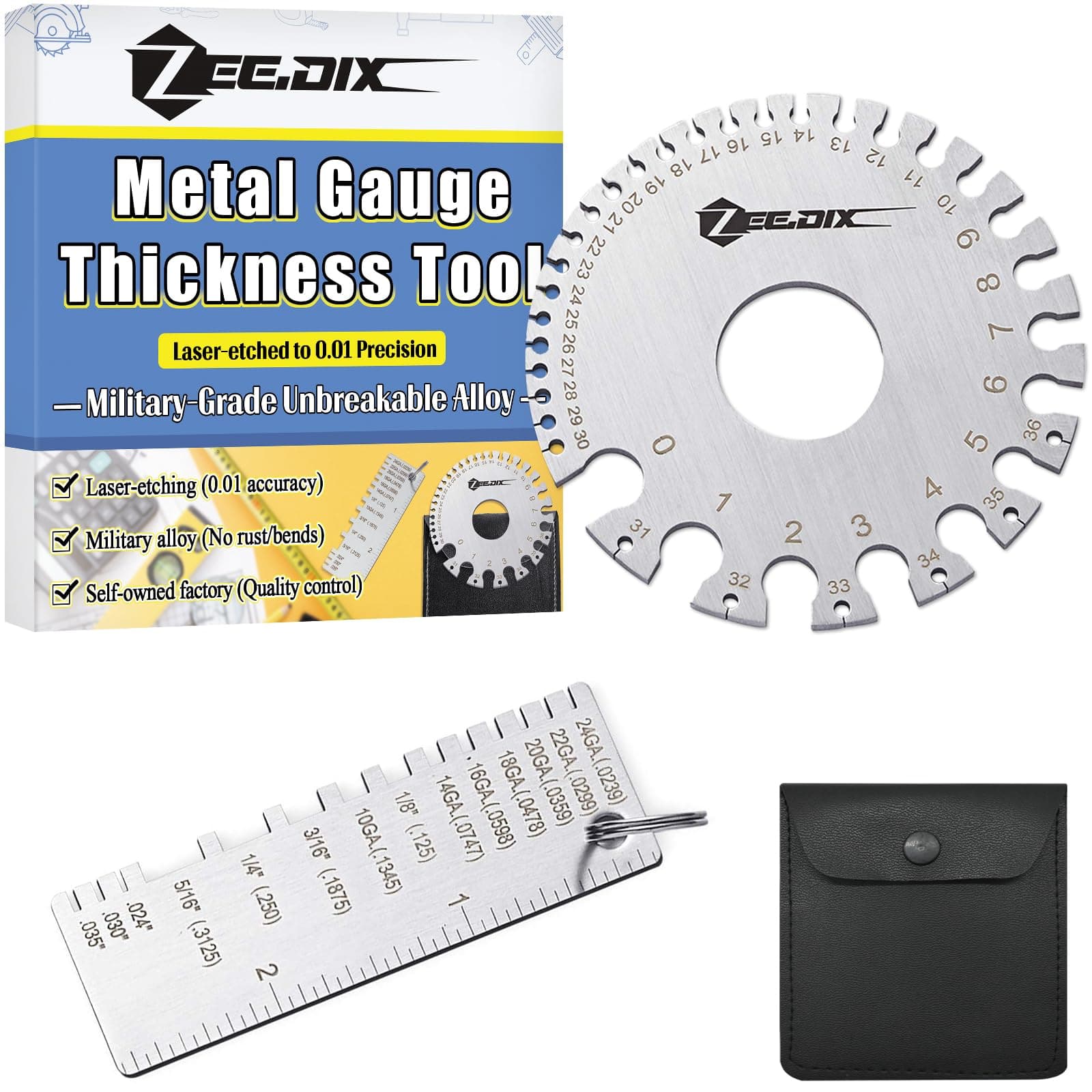 ZeeDix Wire Gauge Measuring Tool (2 Pcs) - Round Dual Sided Metal Sheet Gage & Metal Sheet Thickness Gauge, Stainless Sheet Wire Size Chart & Welding Measurement Tool Silver(1Pcs Round+Rectangle Thickness Gauge)