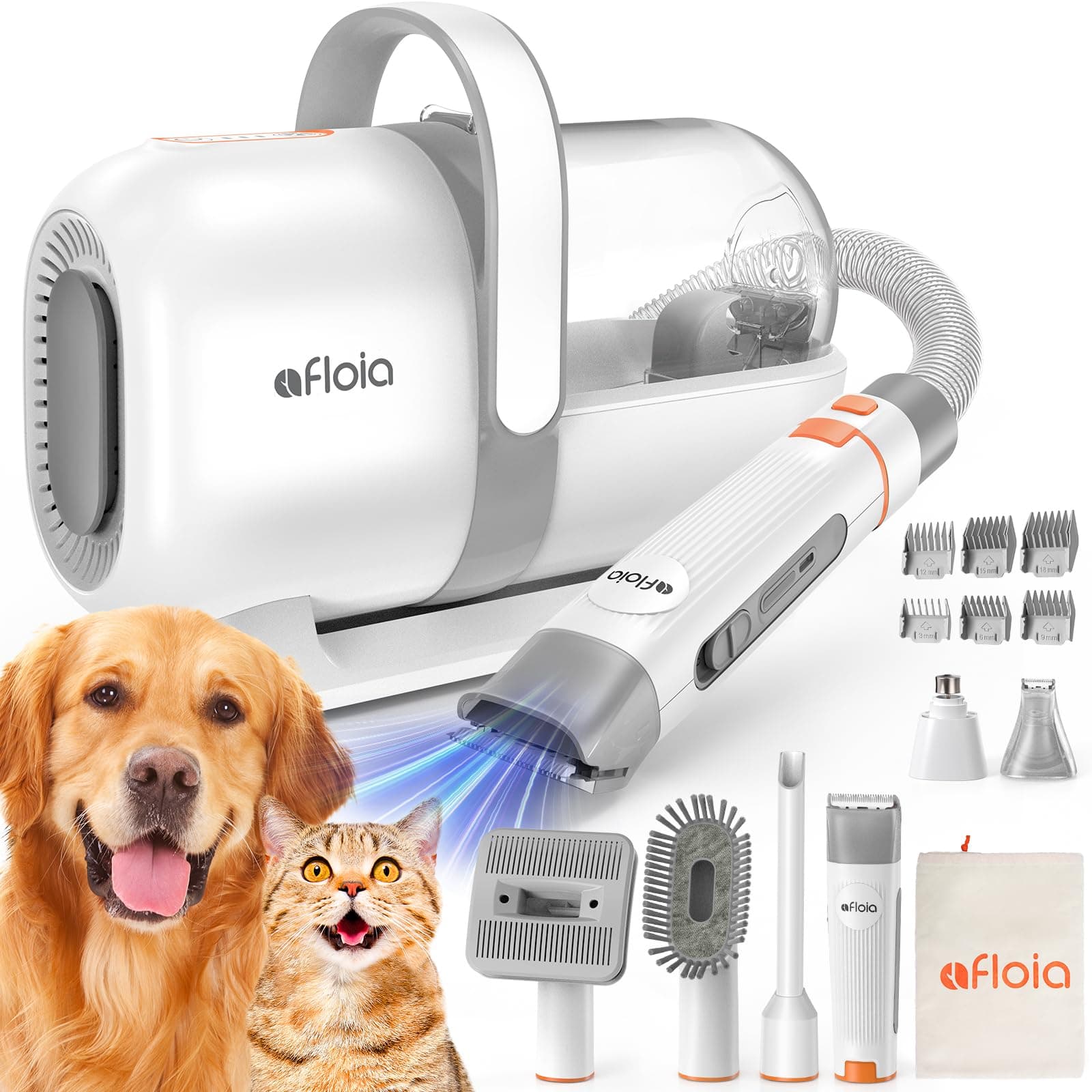 Afloia 6-in-1 Dog Grooming Kit, Pet Grooming Vacuum for Shedding, Dog Hair Vacuum with Clipper Nail Trimmer Grinder, Pet Brush Groomer at Home, Low Noise Cats Hair Remover, 1.5L Dust Cup, White Silver