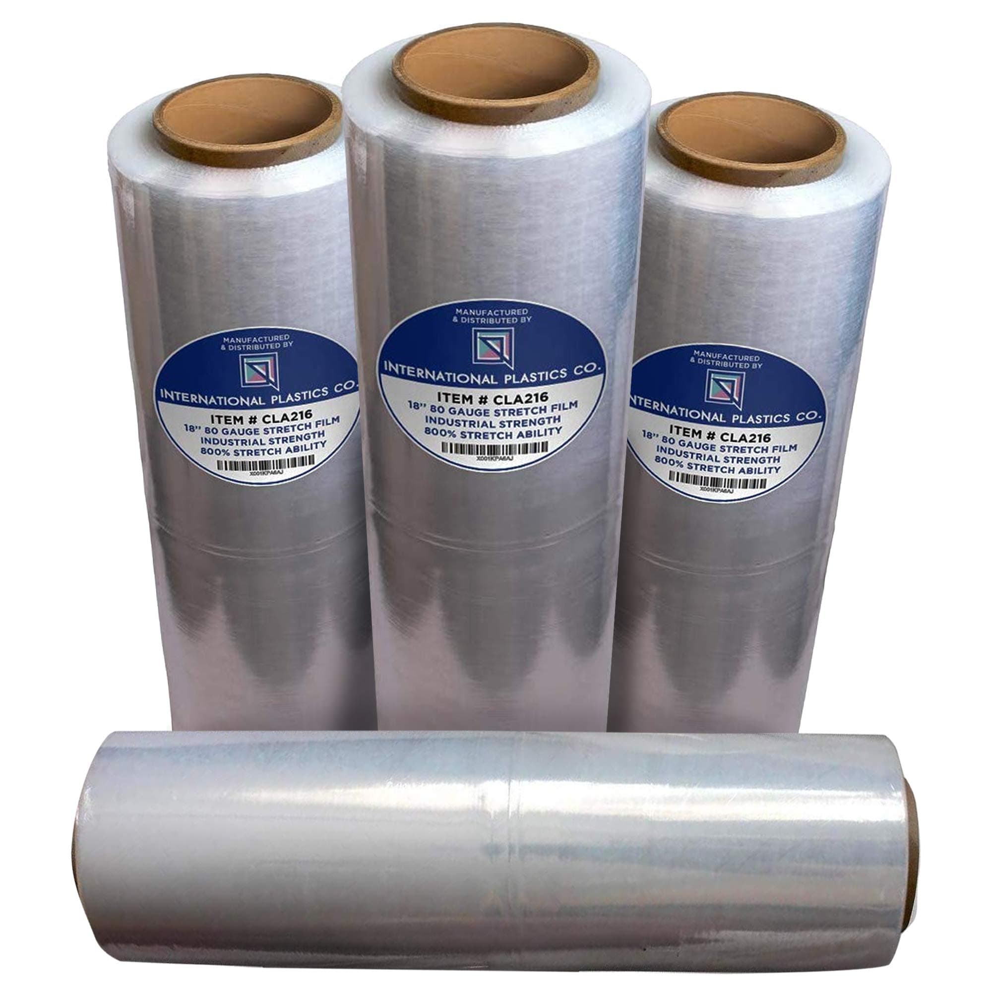 International Plastics Co. 18" Stretch Film/Wrap 1500 feet 7 Layers 80 Gauge Industrial Strength up to 800% Stretch 20 Microns Clear Durable Adhering Packing Moving Heavy Duty Shrink Film Box of 4 4 Pack Clear