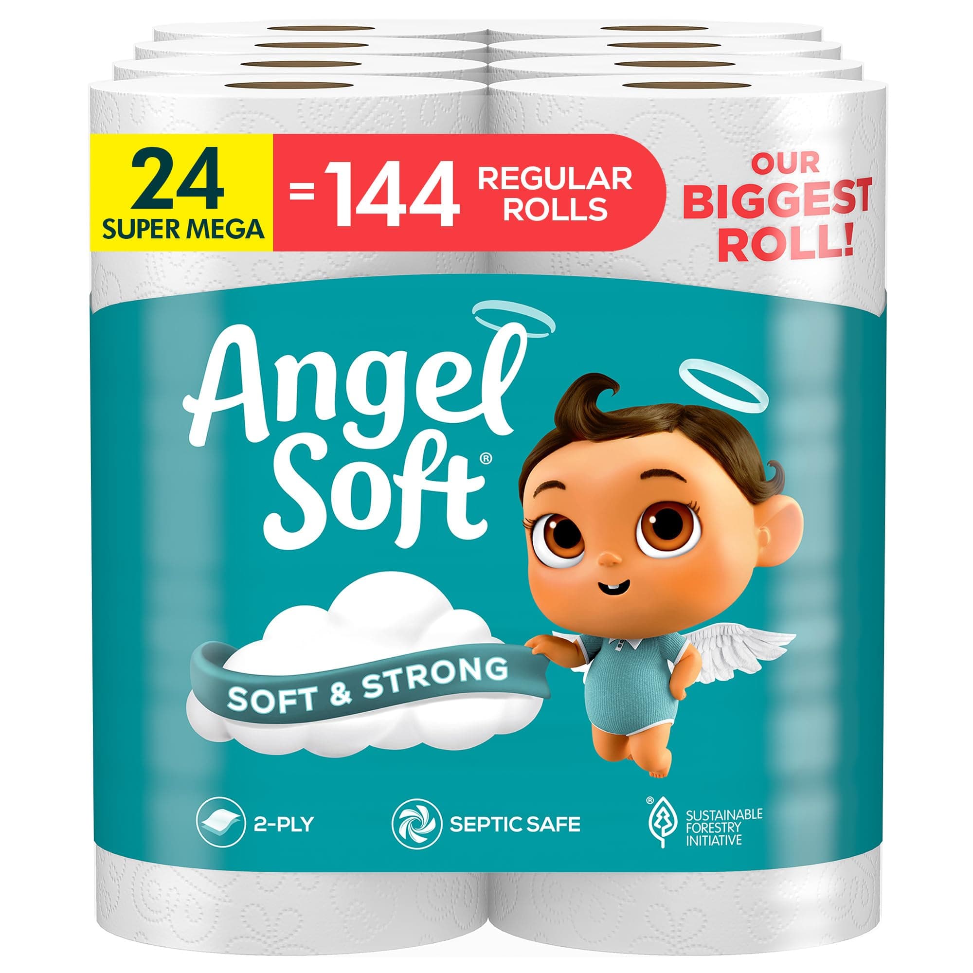 Angel Soft Toilet Paper, 24 Super Mega Rolls = 144 Regular Rolls, Soft and Strong Toilet Tissue 20 sheet (Pack of 24)
