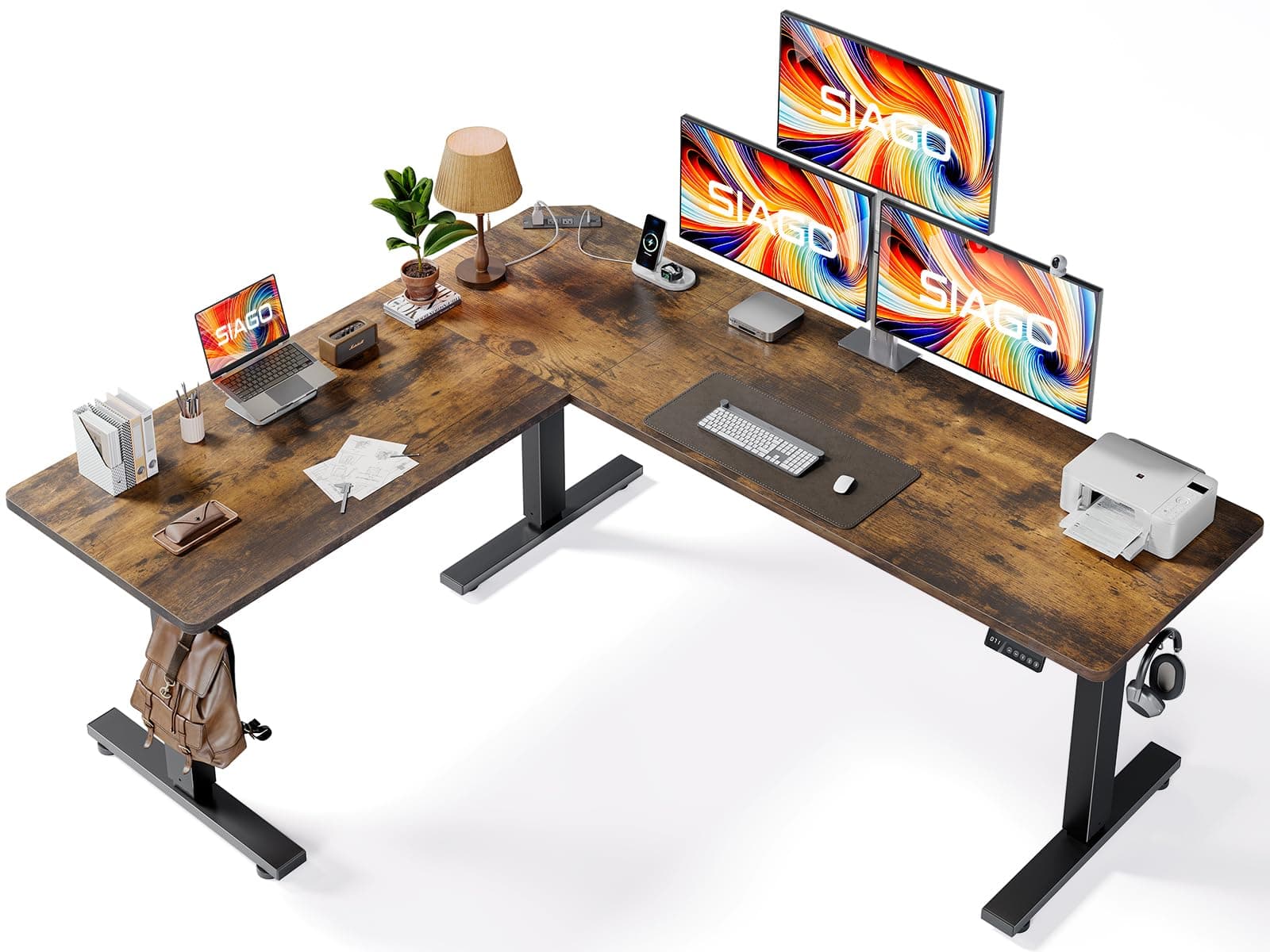 SIAGO L-Shaped Standing Desk - 75 x 63 Inch Adjustable Corner Standing Desk with Charging Station - L Shape Sit Stand Table with Memory Controller, Splice Board for Home Office 75 x 63 Inch Rustic Brown