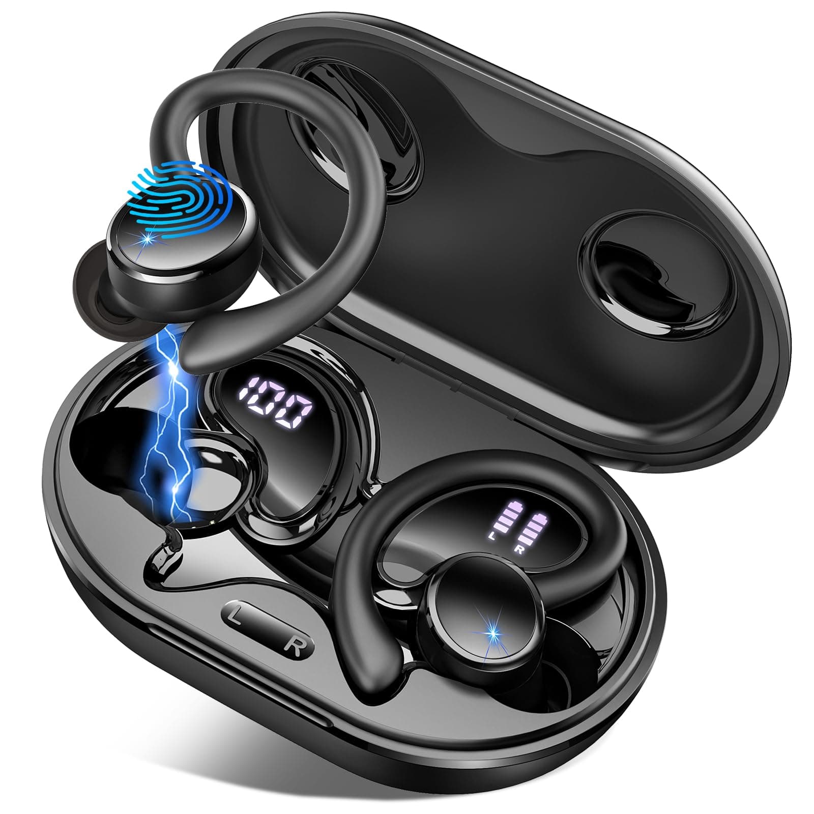 Wireless Earbuds, Bluetooth 5.4 Headphones Sport, 50H Deep Bass Sound Over Ear Buds with 4 ENC Noise Cancelling Mic, Dual LED Display, IP7 Waterproof Earphones with Earhook for Workout/Running/Gym Black