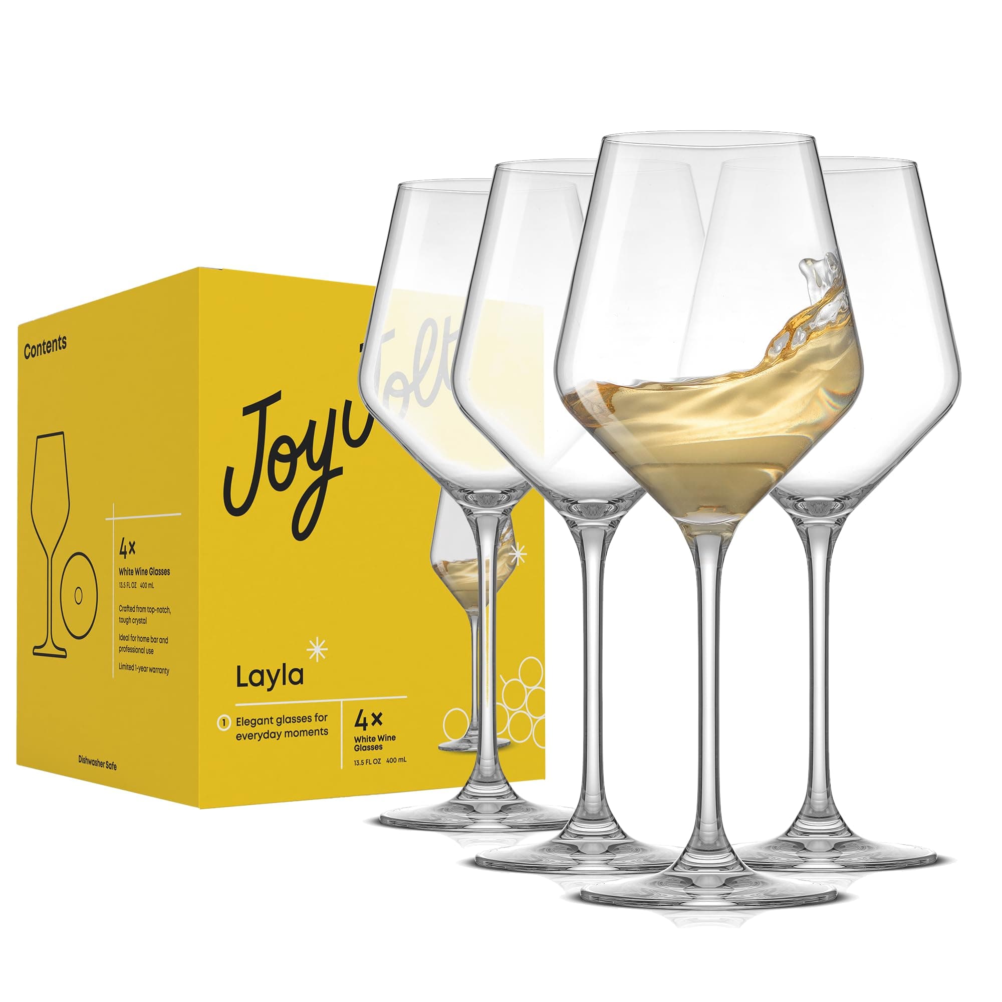 JoyJolt Layla White Wine Glasses, Set of 4 Italian Glasses, 13.5 oz Clear – Made in Europe