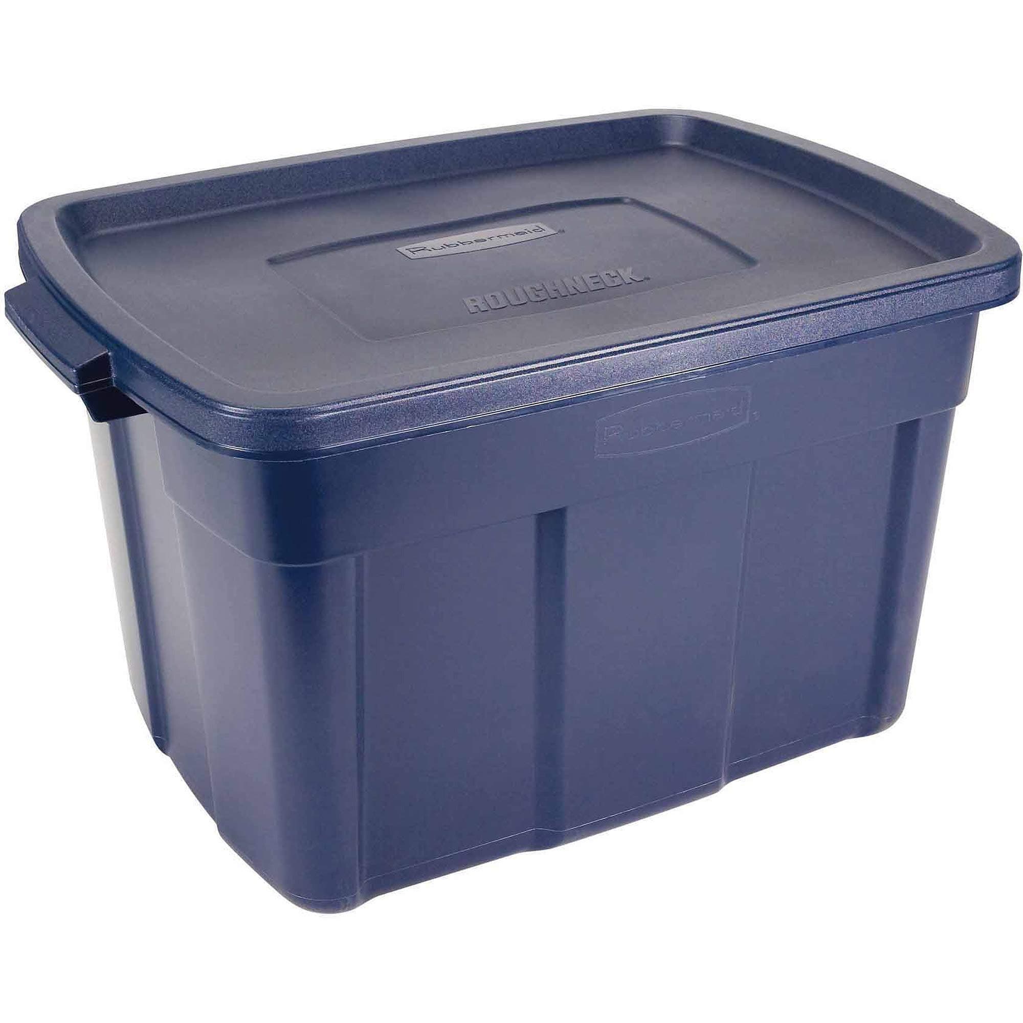 Rubbermaid Roughneck Tote 25 Gal, 4 Pack, Made in USA, Dark Indigo Metallic, Rugged Plastic Stackable Storage Bins with Lids and Handles 25 Gal - 4 Pack