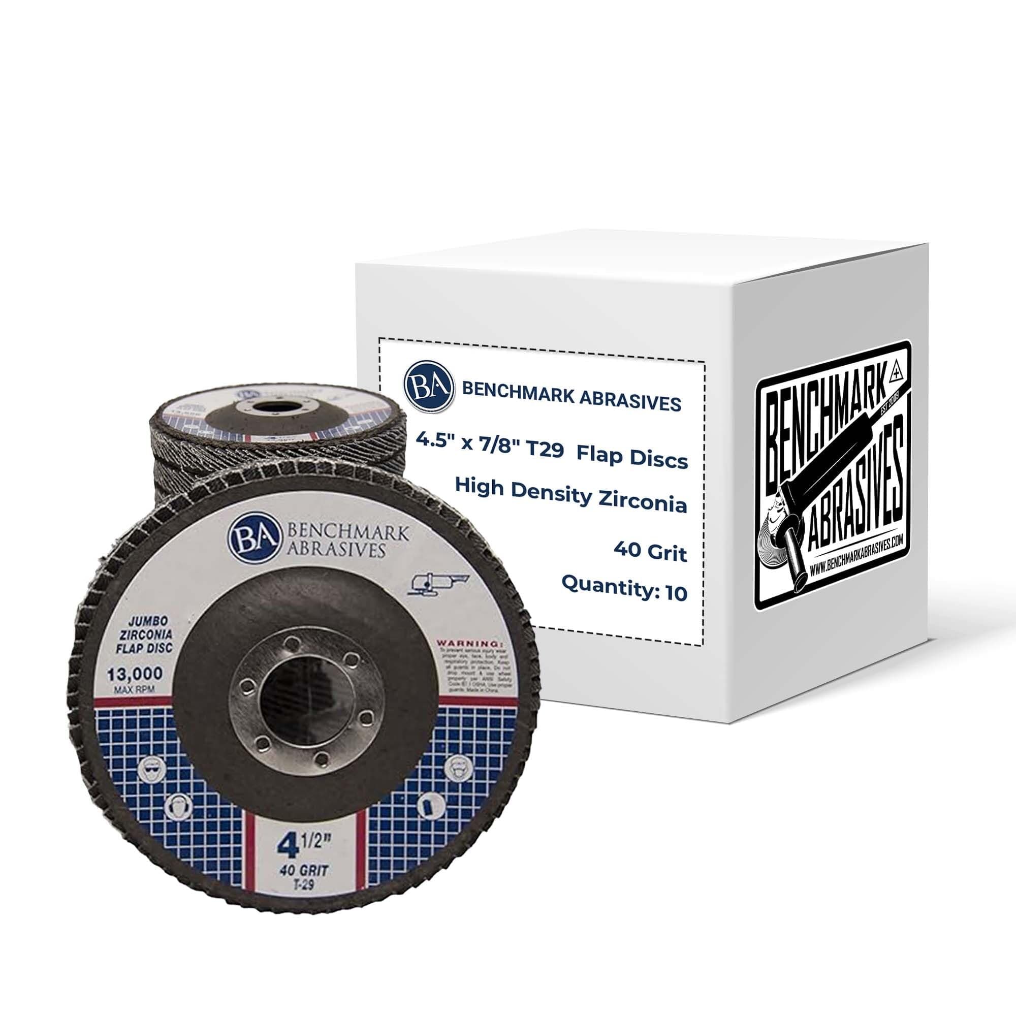 Benchmark Abrasives 4.5" x 7/8" Premium High Density Jumbo Zirconia Type 29 Flap Discs 4 1/2 for Angle Grinder, Sanding Discs, Finishing - Grinding Wheels 4 1/2 Inch (10 Pack) - 40 Grit 40 Grit | 10 Count