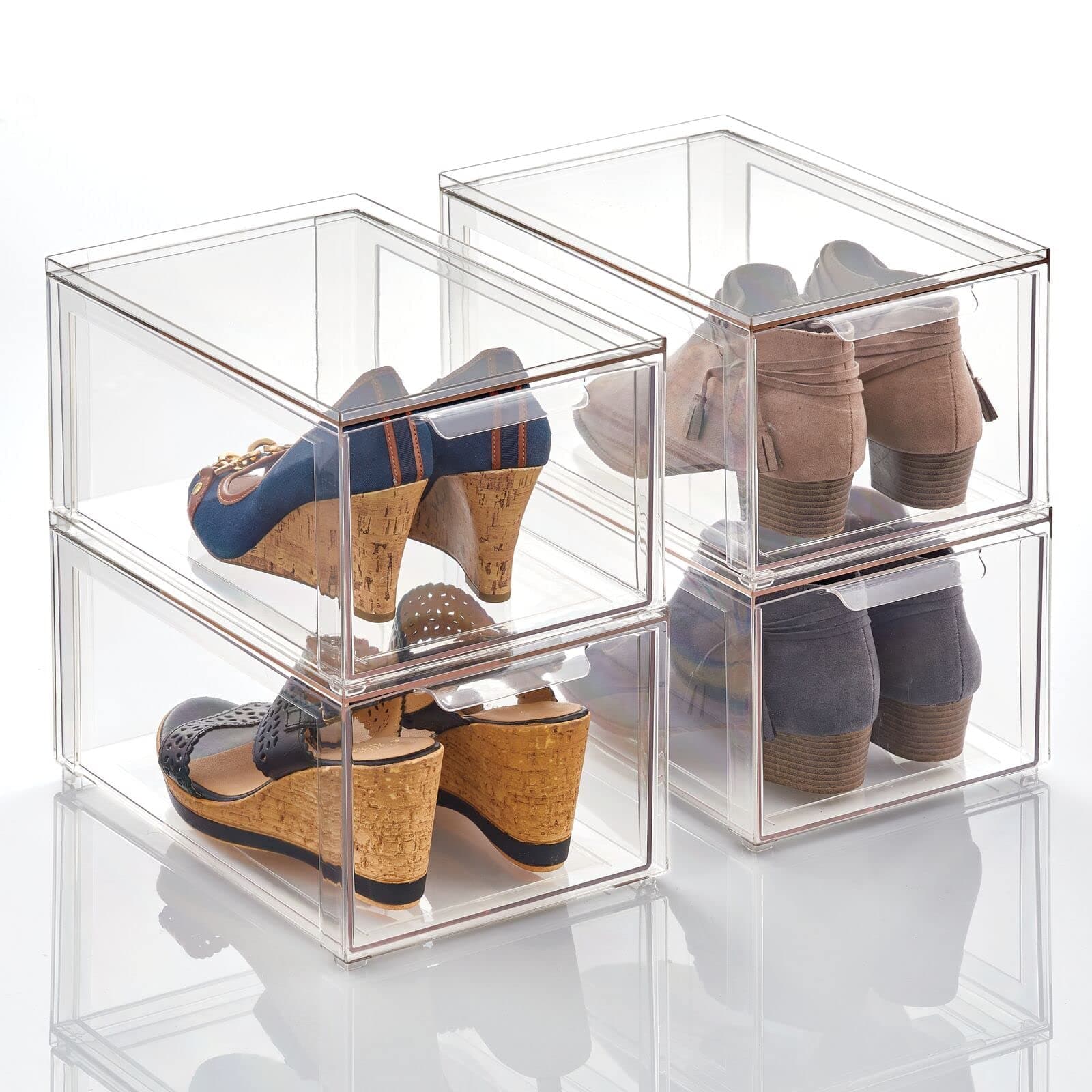 mDesign Plastic Stackable Closet Storage Organizer Bins with Pull Out Drawer for Cabinet, Desk, Shelf, Cupboard, or Dresser Organization - Lumiere Collection - 4 Pack - Clear 8 x 12 x 6 (Pack of 4)