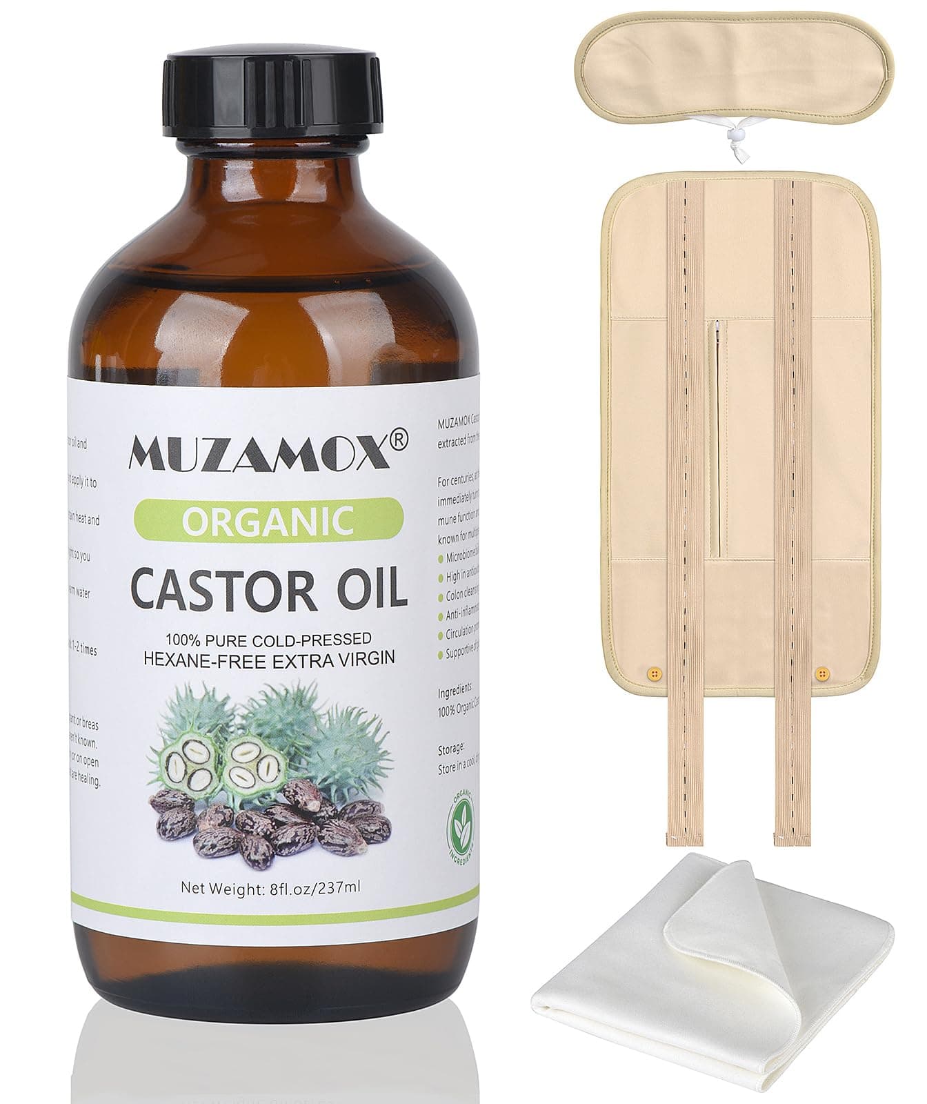 Castor Oil Pack Wrap & 8fl.oz Glass Bottle Set, Organic Cold-Pressed Unrefined Castor Oil Included 8 Fl Oz (Pack of 1)