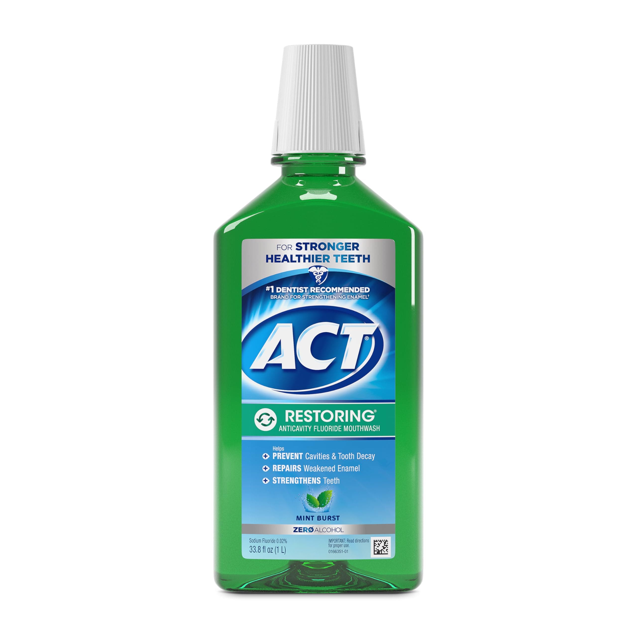 ACT Restoring Zero Alcohol Fluoride Mouthwash 33.8 fl. oz. Strengthens Tooth Enamel, Mint Burst 33.8 Fl Oz (Pack of 1)