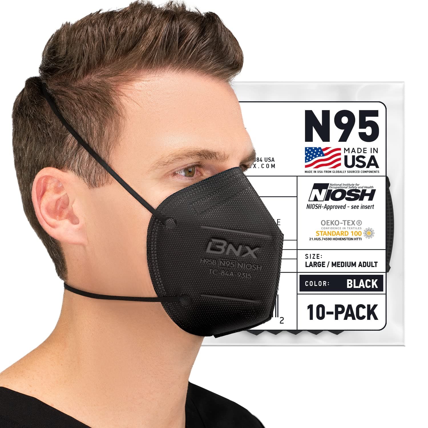 AccuMed BNX N95 Mask Black MADE IN USA Particulate Respirator Protective Face Mask (10-Pack, Approval Number TC-84A-9315 / Model H95B) 10 Pack - Black