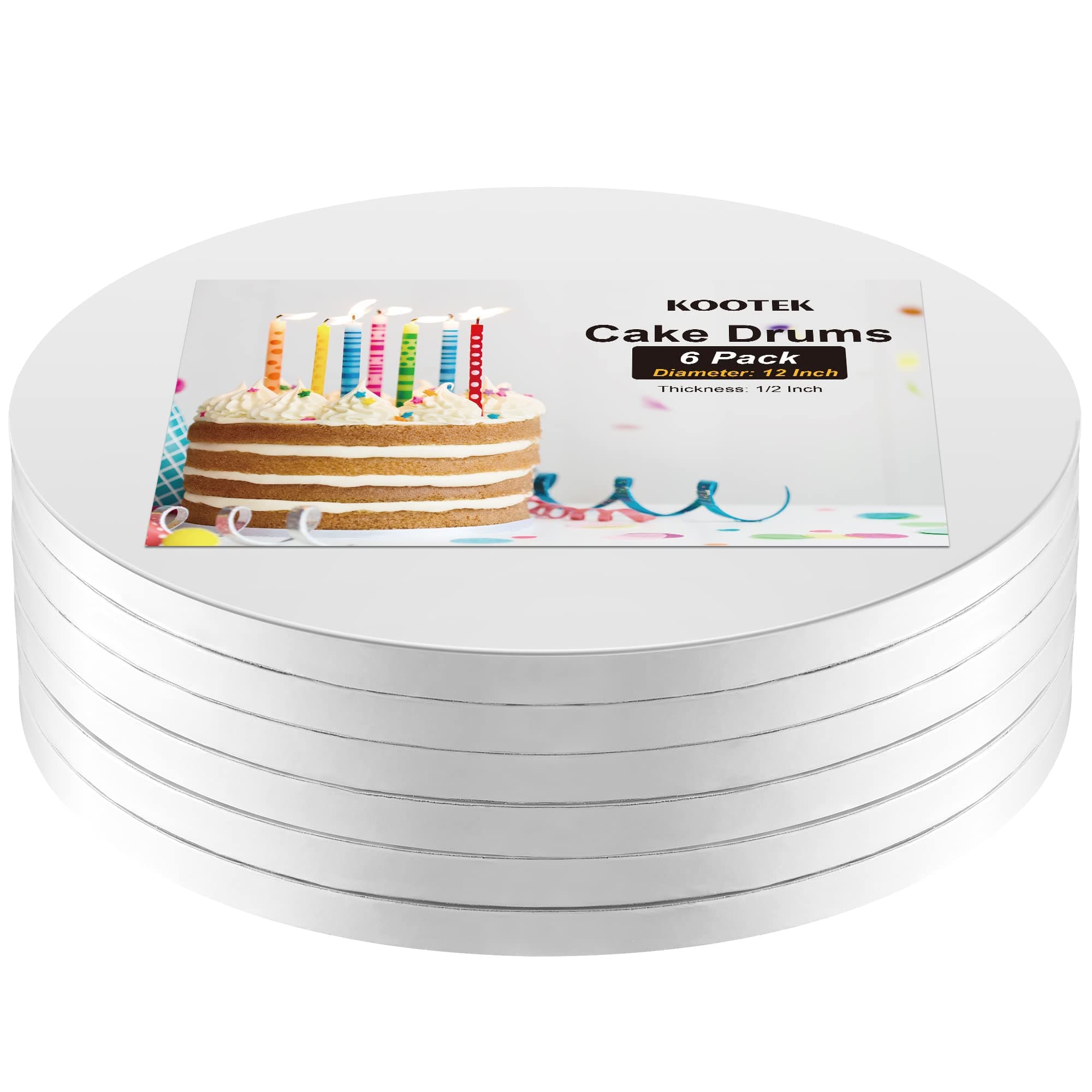 Kootek Cake Boards Drums 12 Inch Round, 1/2" Thick Decorating Supplies White 6-Pack Sturdy Corrugated Cardboard Base, Base para Pastel Standard 12 Inch
