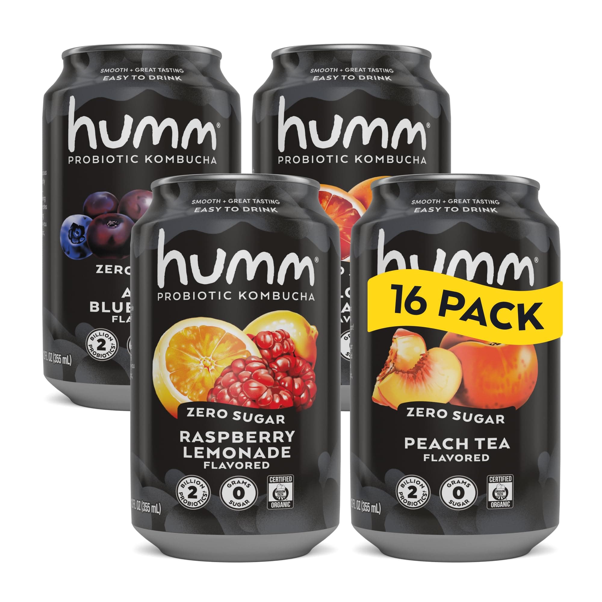 Humm Probiotic Kombucha Zero Sugar Variety Pack, No Refrigeration Needed, Keto Friendly, Organic, Vegan, Gluten Free, 12oz Cans (16 Pack) Variety Pack 12 Fl Oz (Pack of 16)