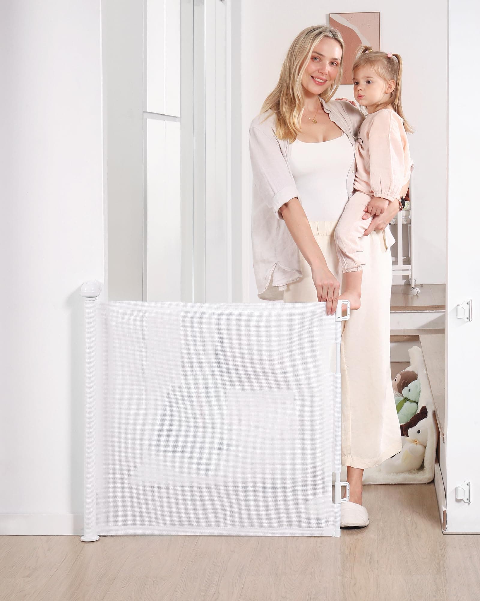 Likzest Retractable Baby Gate, Mesh and Pet Gate 33/'' Tall, Extends up to 55/'' Wide, Child Safety Gates for Stairs Doorways Hallways, Dog Cat Indoor Outdoor (White), 6*18, SH20.006DC