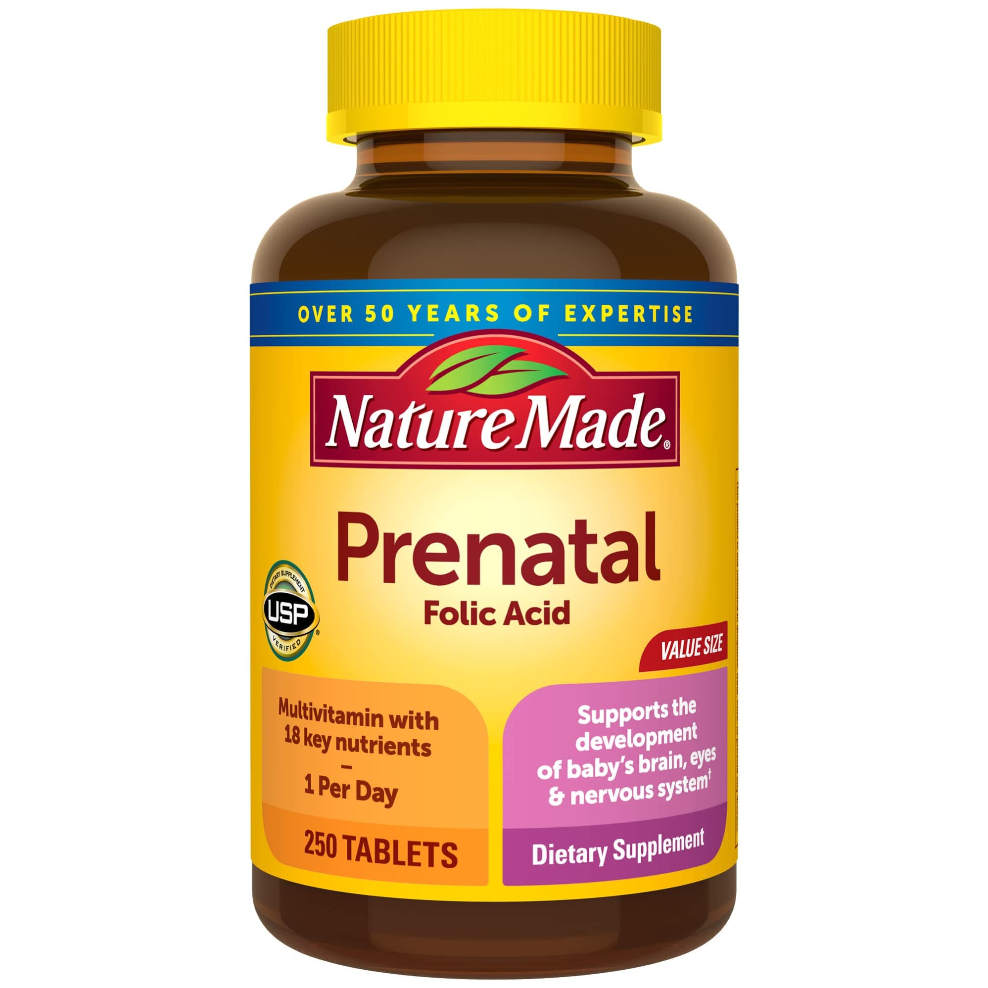 Nature Made Prenatal Multivitamin with Folic Acid, Prenatal Vitamin and Mineral Supplement for Daily Nutritional Support, 250 Tablets, 250 Day Supply 250 Count (Pack of 1)