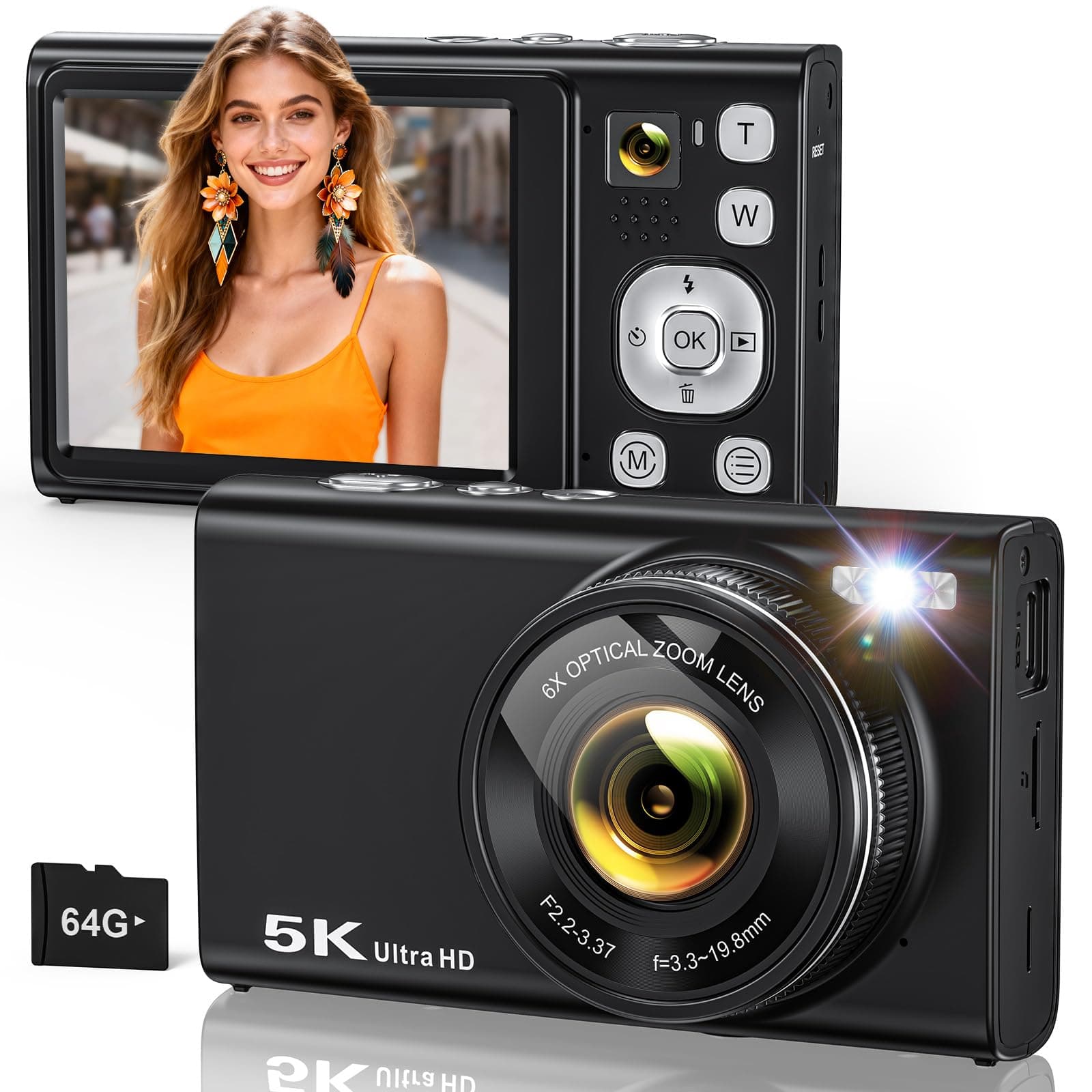 5K Digital Camera for Photography with 6X Optical Zoom, Autofocus 96MP Vlogging Camera for YouTube Video with Dual-Lens, Compact Point and Shoot Travel Cameras for Beginners with 64GB Card & Flash Black