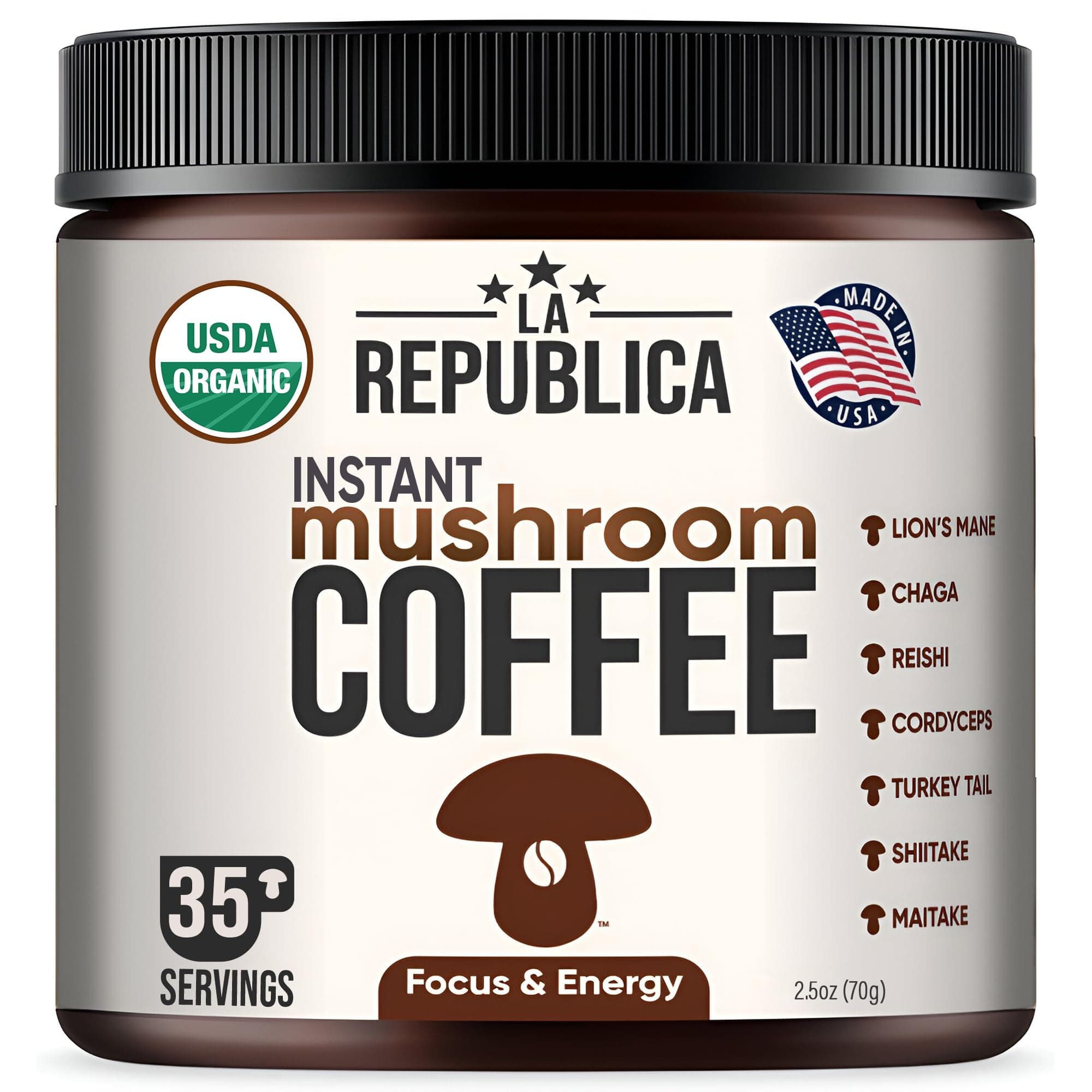 La Republica Instant Mushroom Coffee Organic – 100% Arabica Coffee with Lion’s Mane, Reishi & 5 More Mushrooms for Focus, Immunity, Energy Support & Fast Metabolism – 35 Servings Caffeinated 2.47 Ounce (Pack of 1)