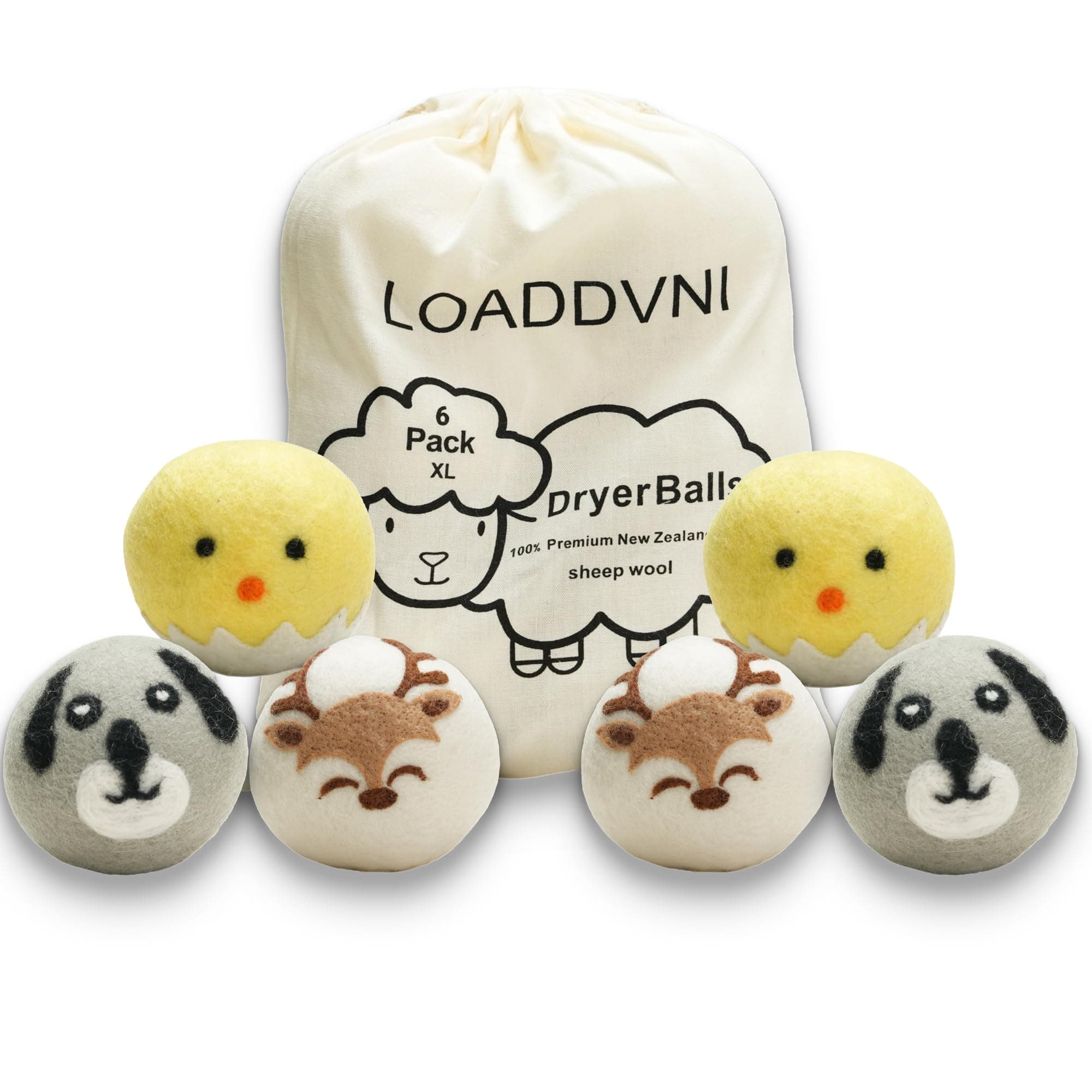 Wool Dryer Balls Organic XL 6 Balls per Pack by Loaddvni, Save Time,Money,Energy.(Puppy, Fawn, Rooster) Multicolor