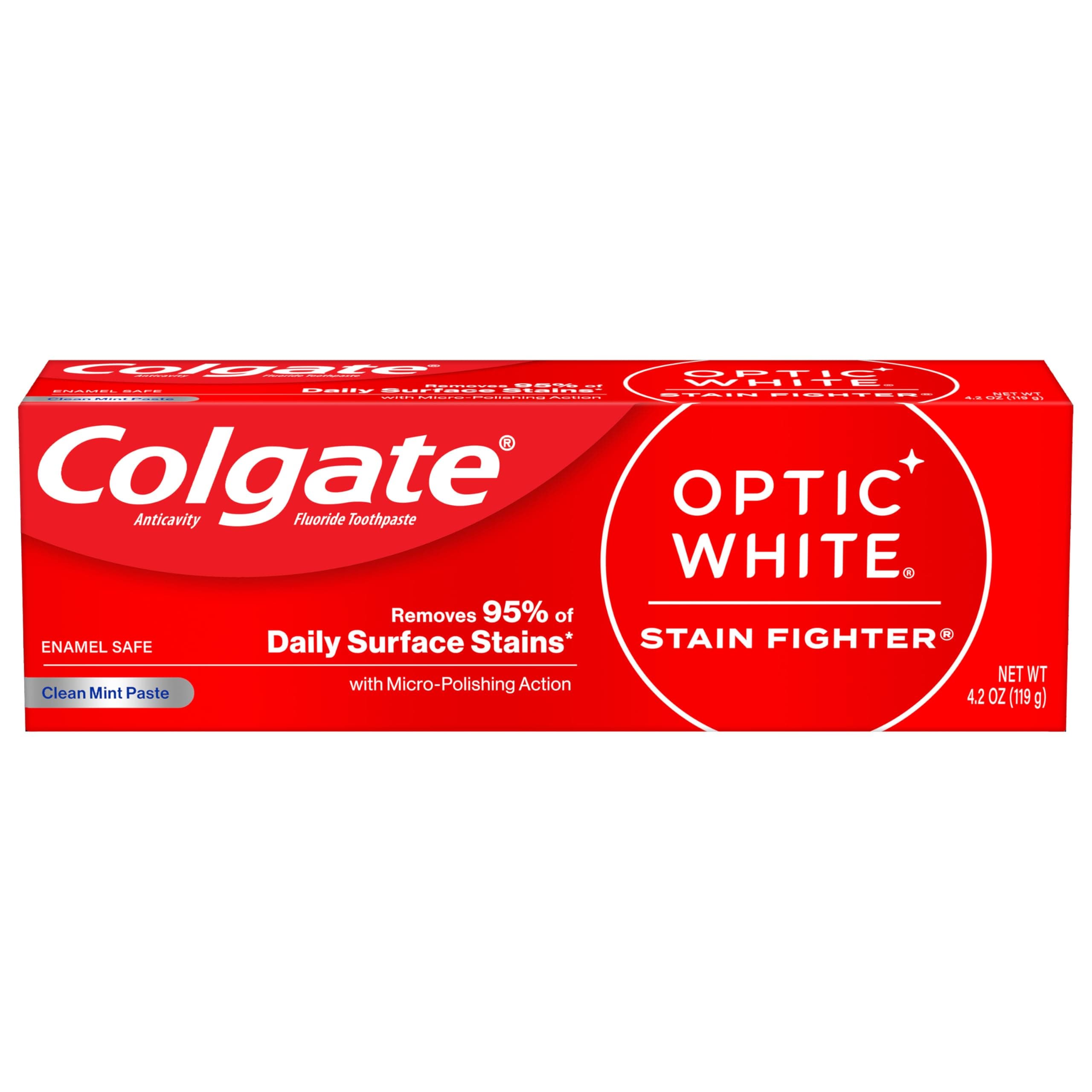 Colgate Optic White Stain Fighter Teeth Whitening Toothpaste, Anticavity Fluoride Toothpaste for Whitening Teeth, Helps Remove Daily Surface Stains, Clean Mint Paste, 4.2 oz 4.2 Fl Oz (Pack of 1) Clean Mint