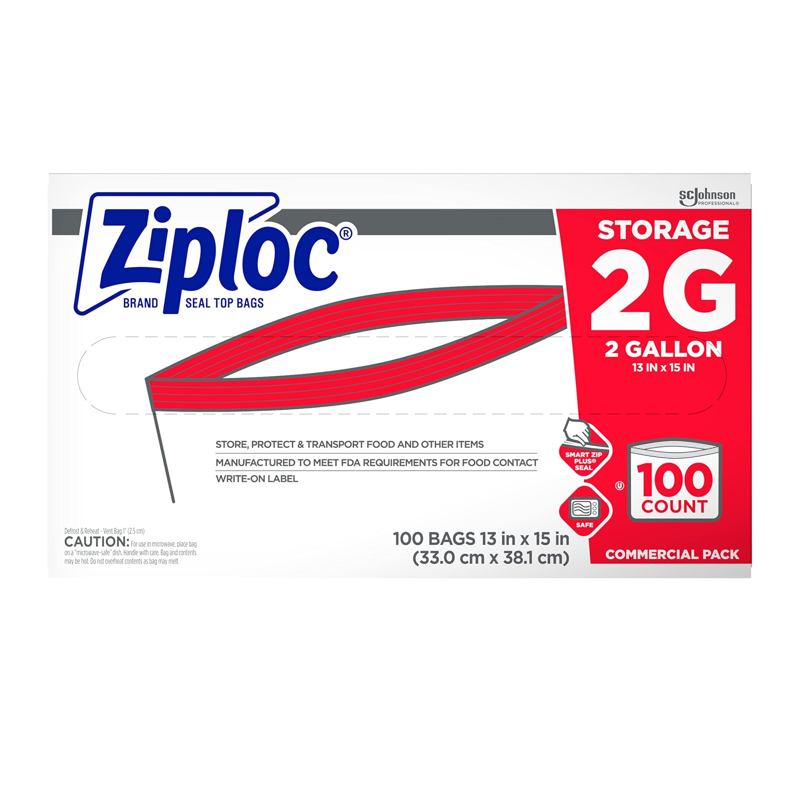 SC Johnson Professional Ziploc Brand Food Storage 2 Gallon Bags, Food Storage Ziploc Brand Bags, Commercial Pack, 100 Count Box, for Professional Use Only