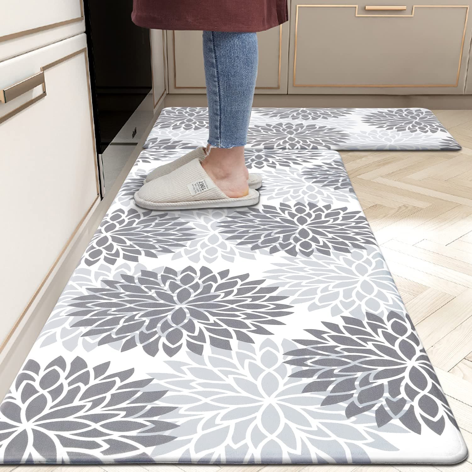 HEBE Anti Fatigue Kitchen Rug Sets 2 Piece Non Slip Kitchen Mats for Floor Cushioned Kitchen Rugs and Mats Waterproof Comfort Standing Mat Runner for Kitchen,Home Office,Sink,Laundry 17.3"x48"+17.3"x28"-0.4"Th Grey