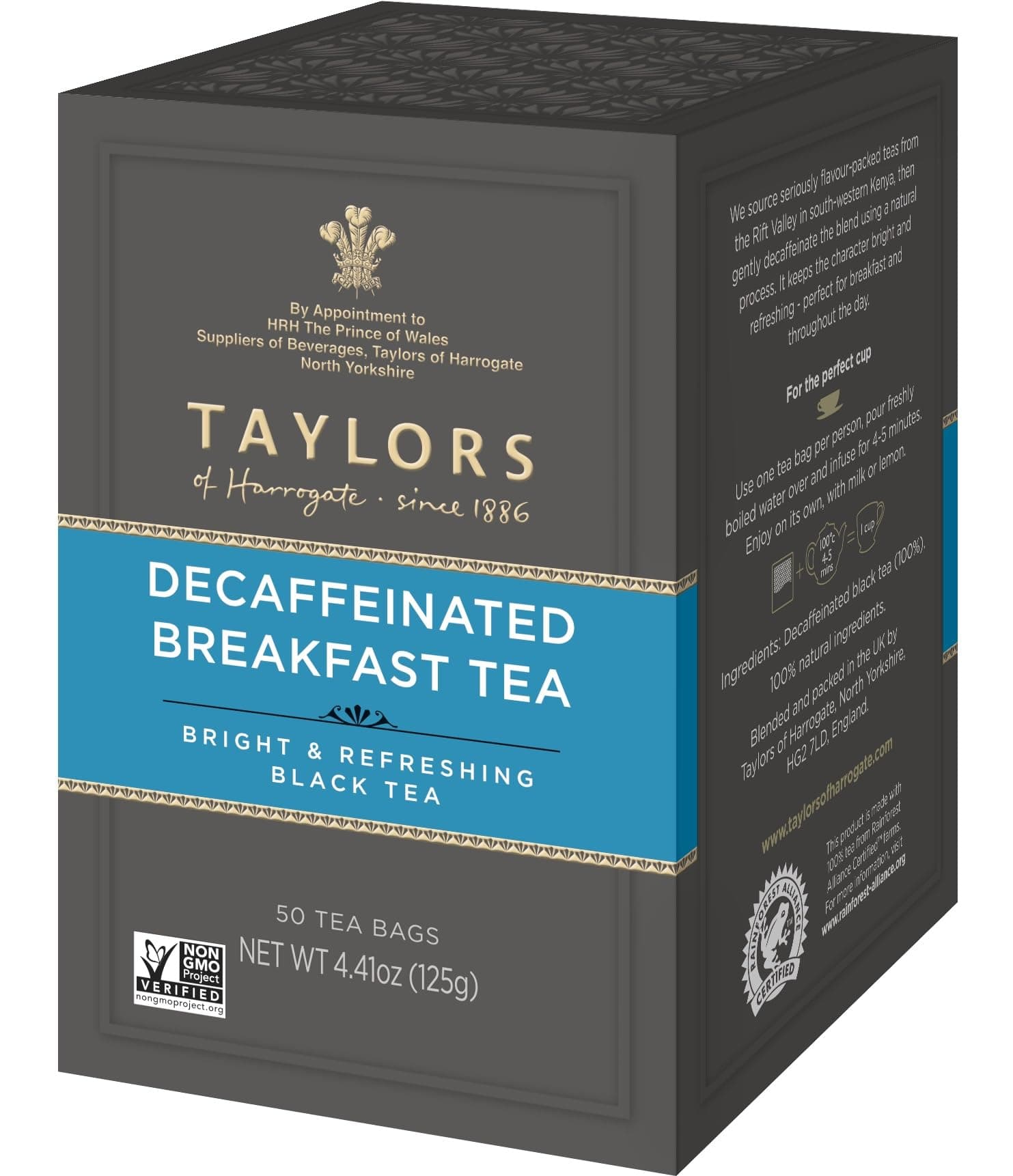 Taylors of Harrogate Decaffeinated Breakfast, Black Tea, Pillow Bags, 50 Count, (Pack of 1) Rich, Bright & Balanced, Decaffeinated, Enjoy Hot or Iced, 50 Teabags Decaffeinated Breakfast 50 Count (Pack of 1)
