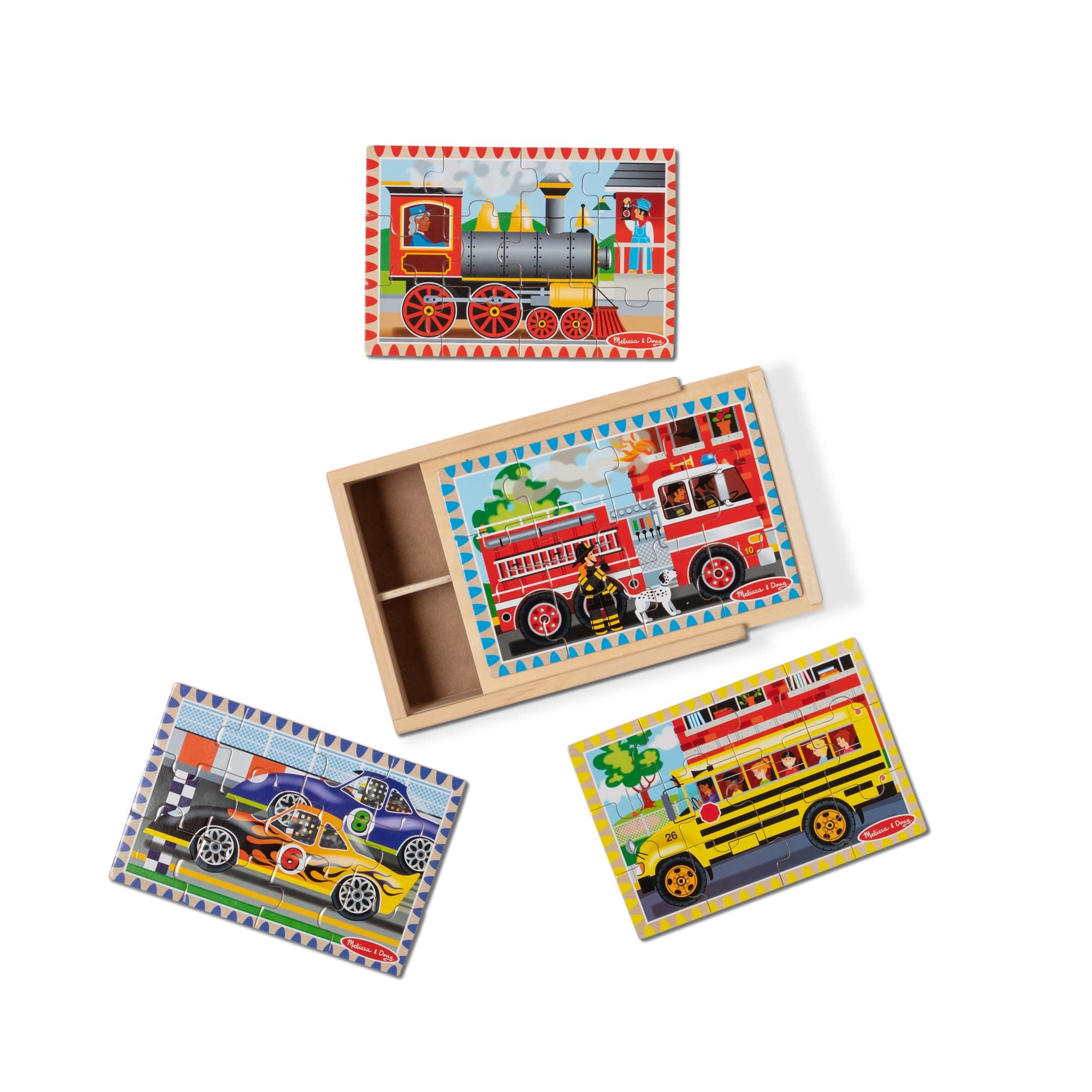 Melissa & Doug 4‑in‑1 Wooden Vehicle Jigsaw Puzzle Set, 48 Pieces with Storage Box, Toddler Puzzle Toy for Kids Ages 3+- FSC Certified Vehicles