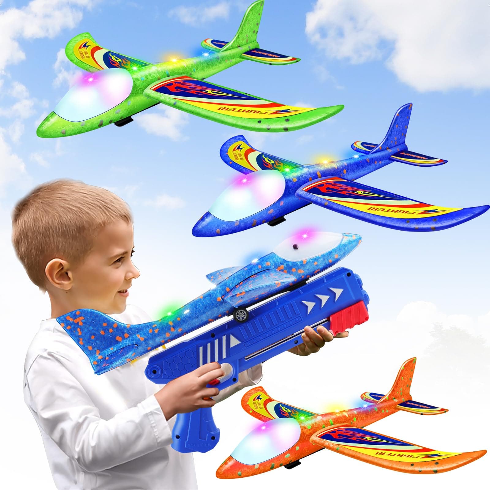 3 Pack Foam Airplane Launcher Toys, 2 Flight Mode Glider Plane,Kids Flying Toy,3 4 5 6 7 8 9 10 11 12 Year Old Boys Girls Gifts,Outdoor Sport Party Favor 3&1