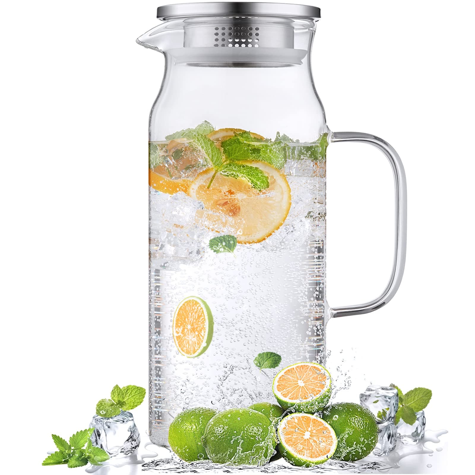 Bivvclaz 2 Liter 68 oz Glass Pitcher with Lid and Handle, Glass Carafe for Hot/Cold Water, Large Iced Tea Pitcher for Coffee, Juice and Homemade Beverage 68 Ounces Clear