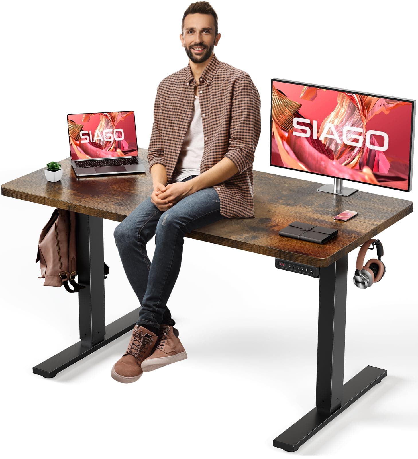 SIAGO Electric Standing Desk Adjustable - 48 x 24 Inch Sit Stand up Desk with Cable Management - 3 Memory Preset Adjustable Height Table 48 x 24 Inch Rustic Brown