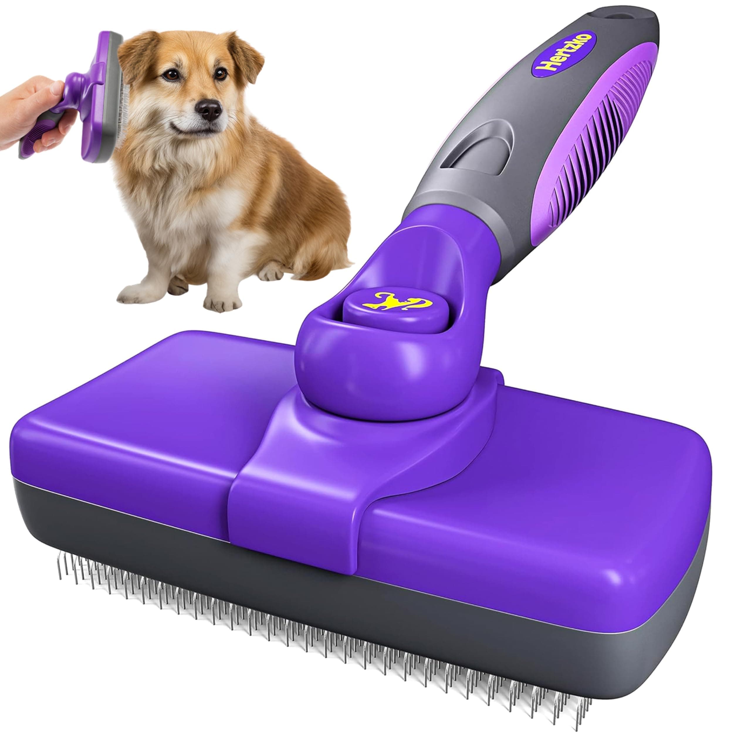 Hertzko Self Cleaning Slicker Brush for Dogs and Cats - Pet Hair Brush for Shedding Long and Short Hair - Easy Clean Retractable Bristles - Cat and Dog Grooming Tool - Purple Standard Purple