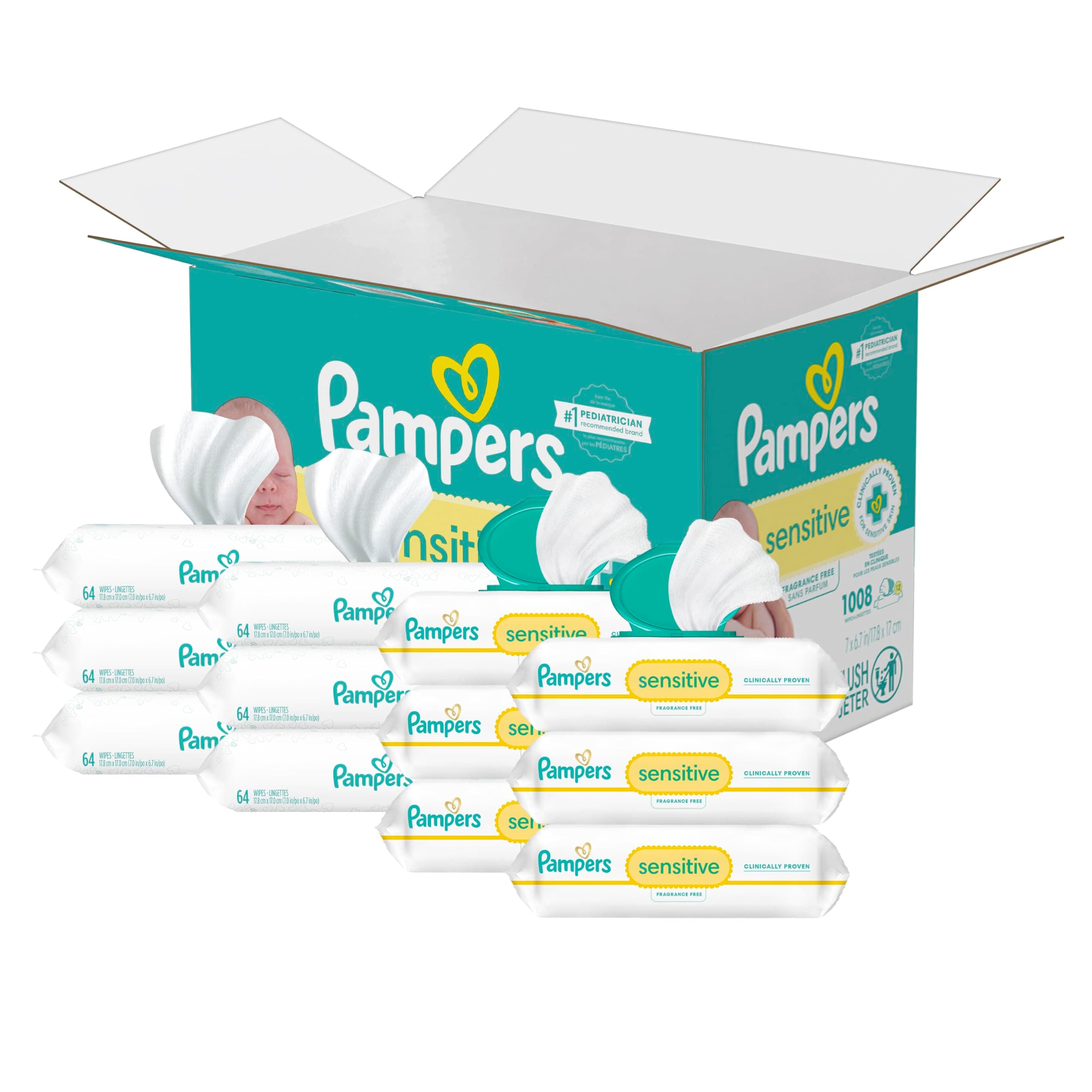 Pampers Sensitive Baby Wipes, Water Based, Hypoallergenic and Unscented, 8 Flip-Top Packs, 4 Refill Packs (1008 Wipes Total) 84 Count (Pack of 12)