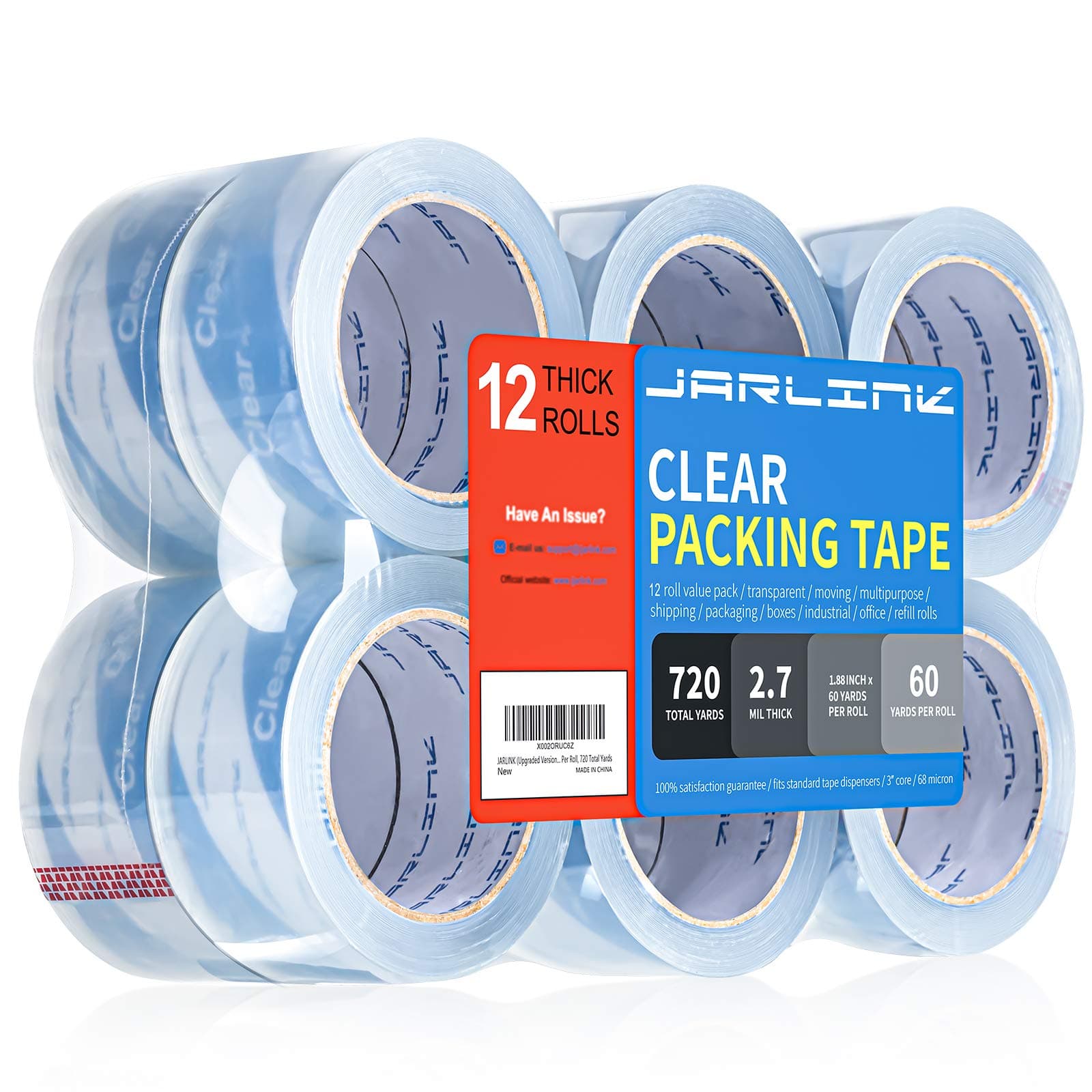 JARLINK Clearer Packing Tape 12 Rolls, Heavy Duty Packaging Tape for Shipping Packaging Moving Sealing, 2.7mil Thick, 1.88 inches Wide, 60 Yards Per Roll, 720 Total Yards 1.88in x 60yd, 2.7mil Thickness 12