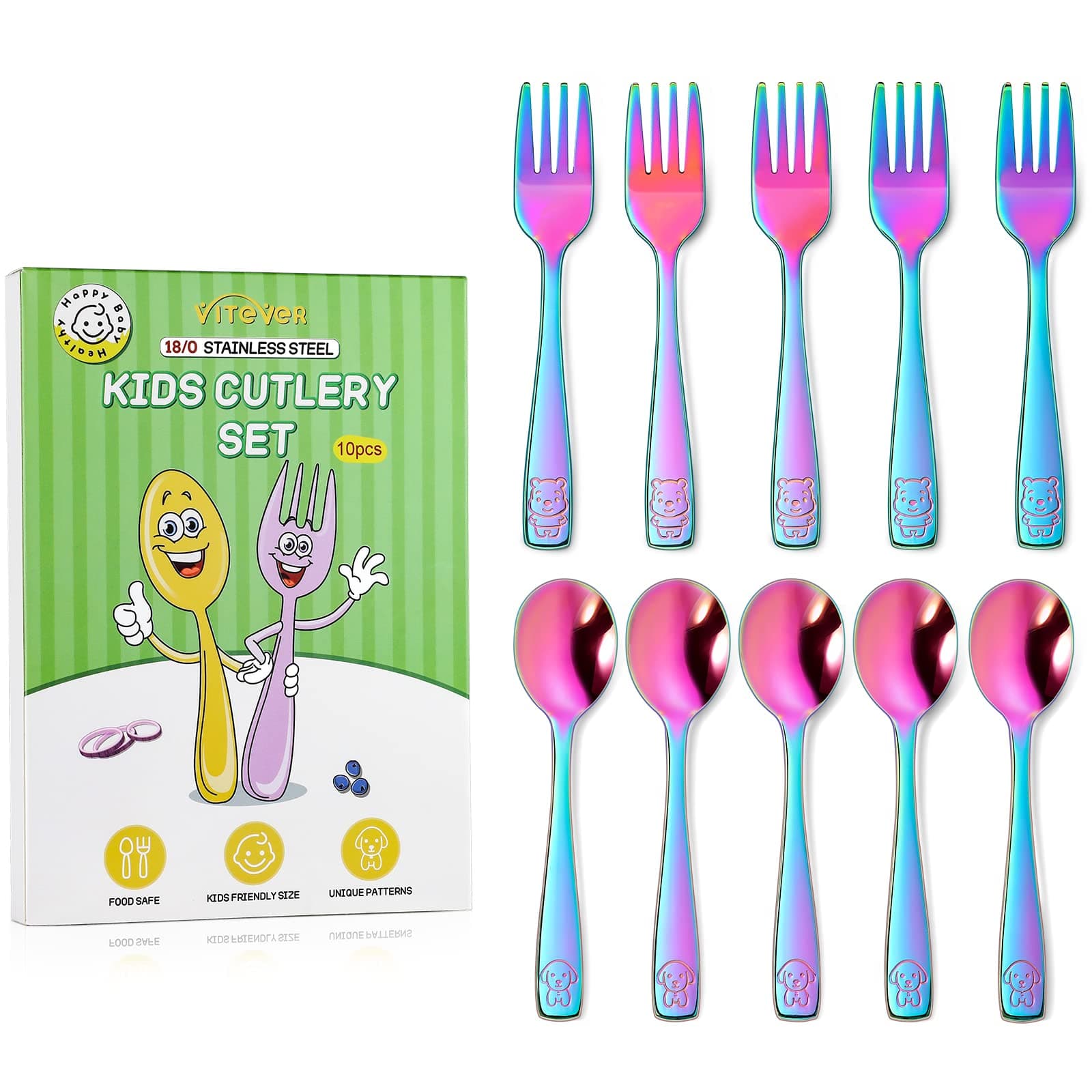 VITEVER 10 Pack Toddler Utensils, Stainless Steel Rainbow Silverware Set for Kids, Children Safe Cutlery Set Includes Forks and Spoons - Dishwasher Safe