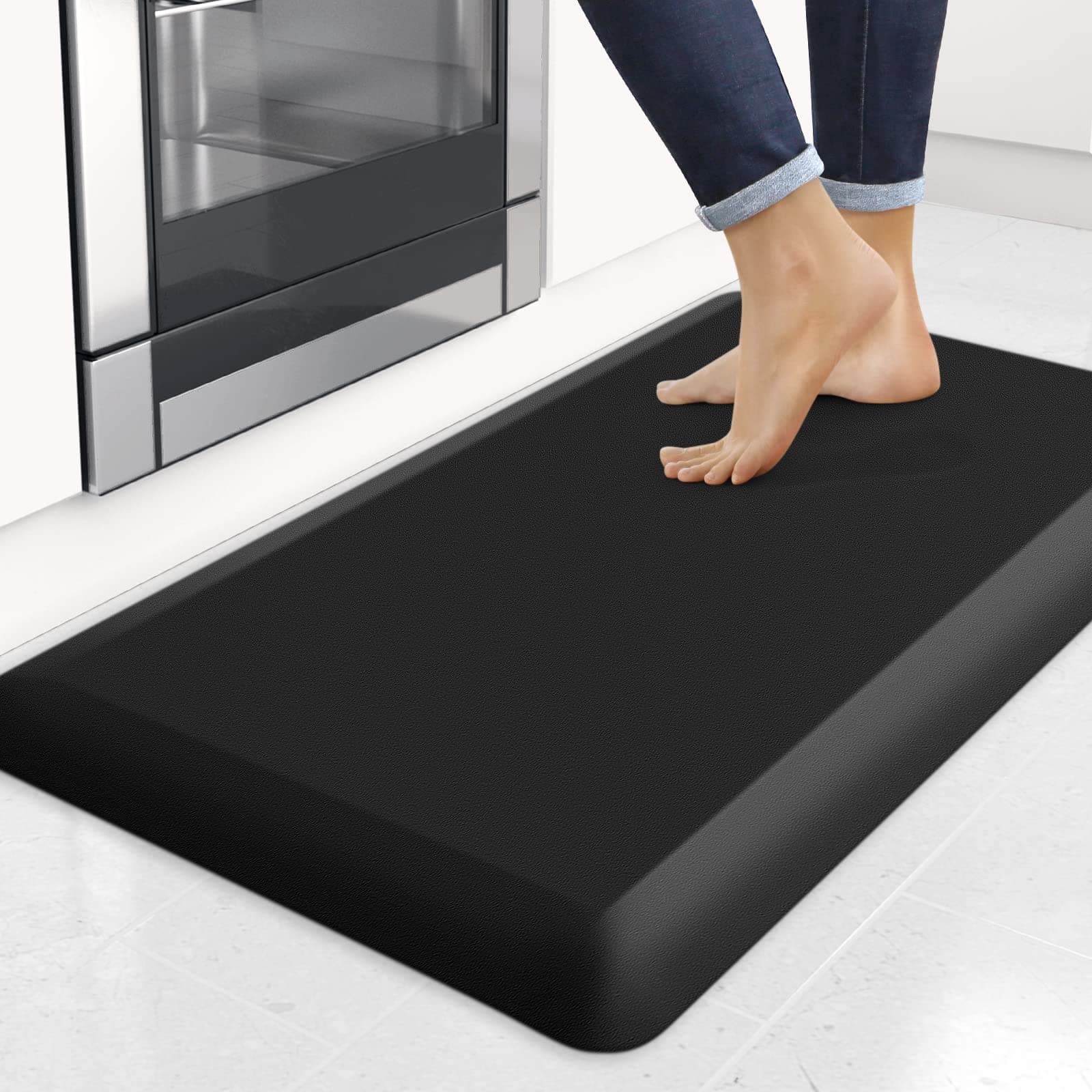 4/5 Inch Thick Kitchen Mats for Floor, StepRite Kitchen Rug for Standing Desk, Non-Slip, Thicker, Stain Resistant, Water Resistant, Comfort Anti Fatigue Floor Mat for Home, Kitchen, Office - Black Black 28"L x 17"W x 0.8"Th