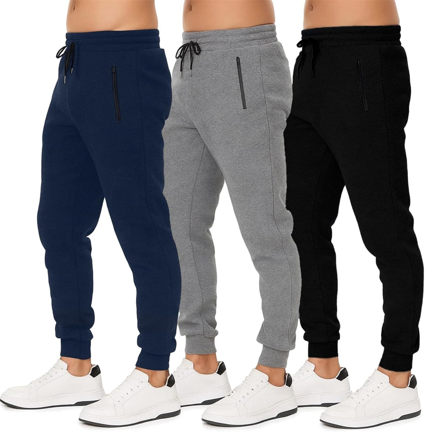 Sweatpants for Men 3 Pack Joggers - Men's Athletic Sweatpants Pockets & Zipper Active Workout Pants Dark Grey/Navy/Black Medium
