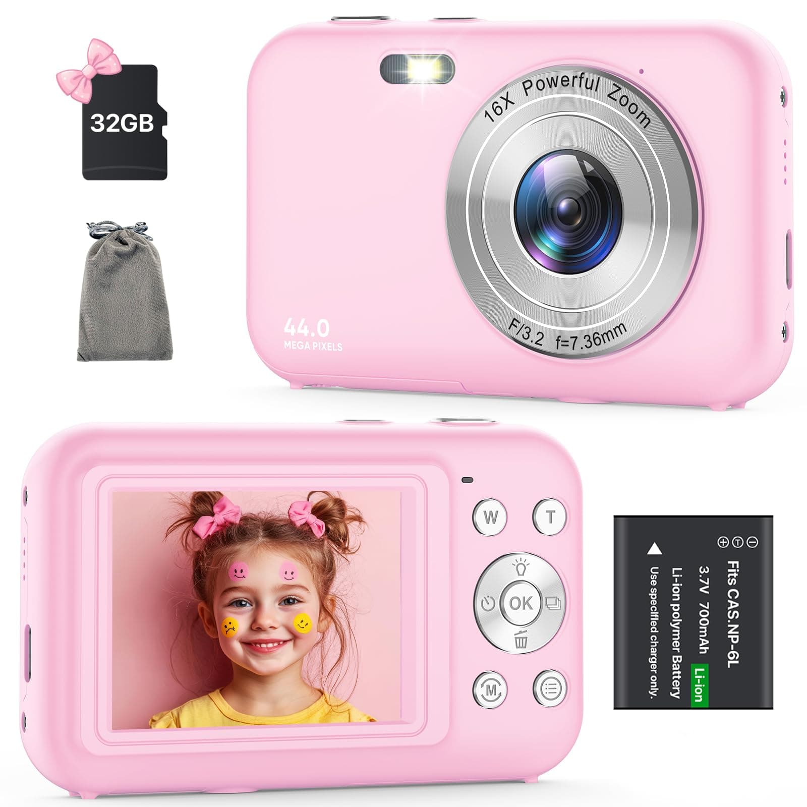 Digital Camera, Kids Camera with 32GB Card, FHD 1080P 44MP Vlogging Camera, 16X Zoom Point and Shoot Digital Camera Compact Portable Rechargeable Cameras for Teens Boys Girls Students Seniors-Pink