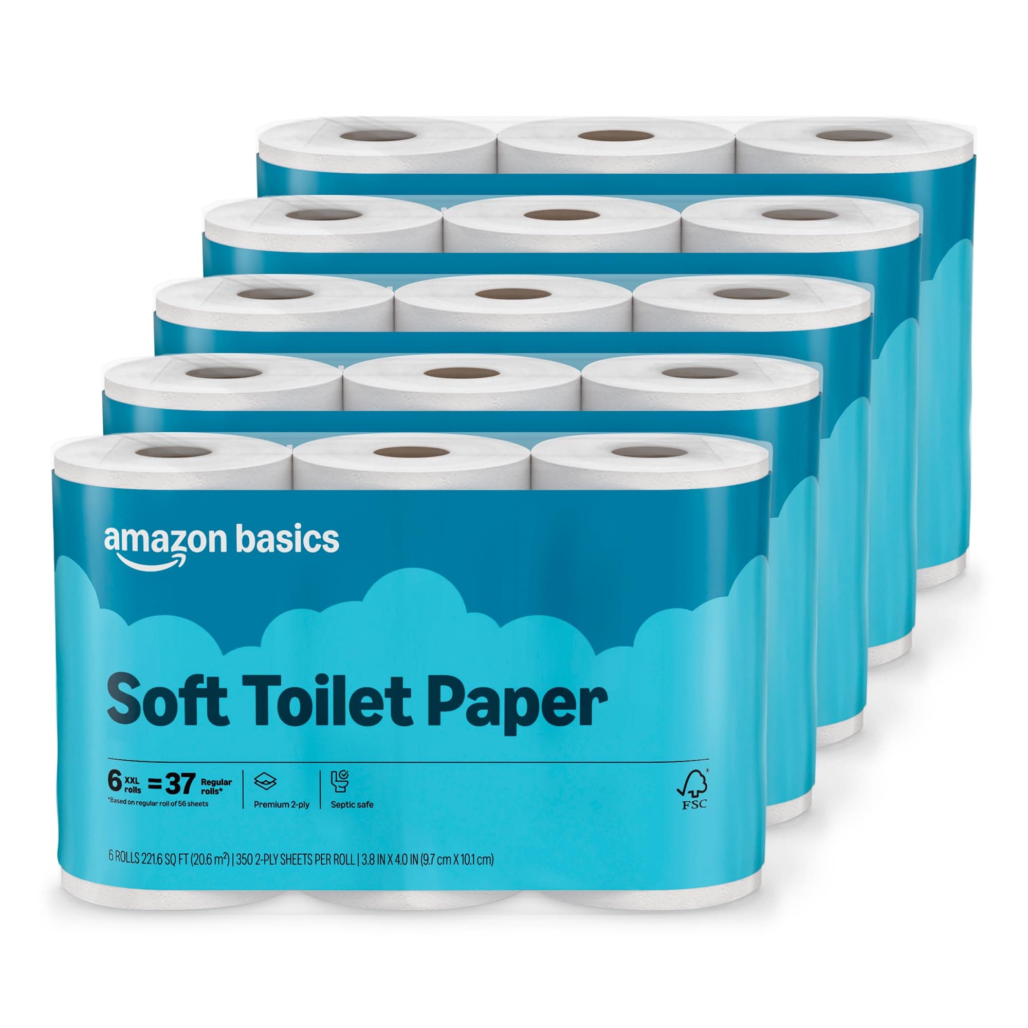 Amazon Basics 2-Ply Soft Toilet Paper, 30 Rolls (5 Packs of 6), Equivalent to 185 Regular Rolls, Packaging May Vary 350 sheet (Pack of 30)