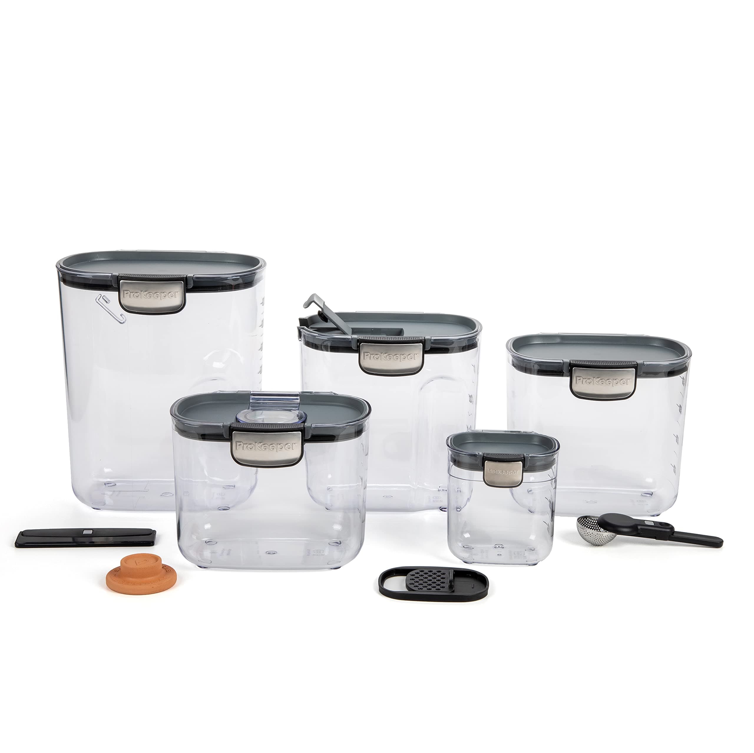 ProKeeper+ 9-Piece Airtight Food Storage Container Set – Clear Plastic Flour and Sugar Canister Set with Magnetic Accessories for Kitchen Organization (Grey, 9-Piece) Grey 9-Piece