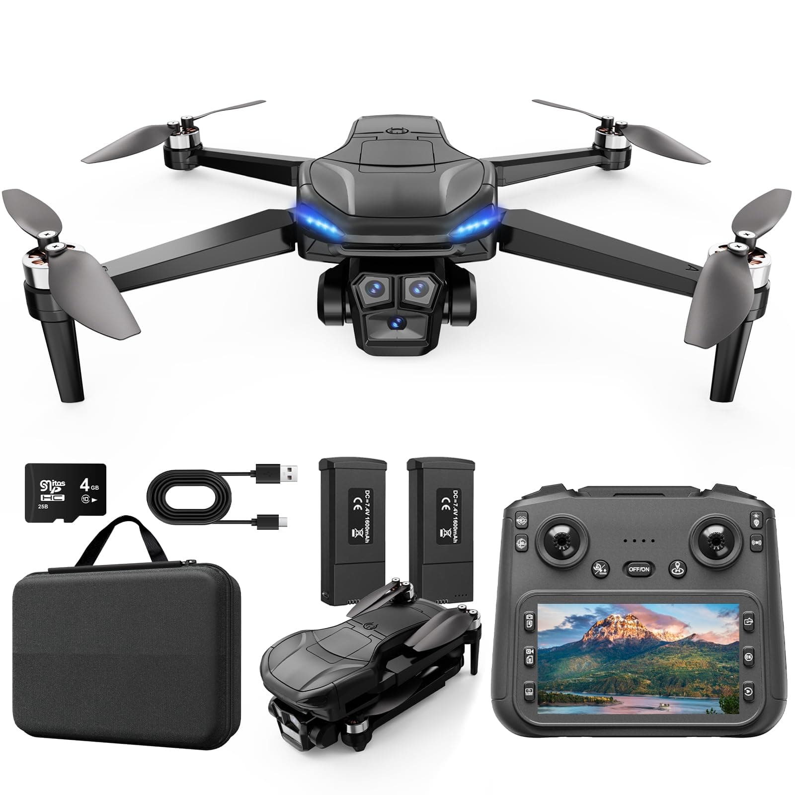 4K GPS Drone with Camera for Adults with 4.5” HD Screen Controller, Brushless Motor, Includes SD Card, 60-Min Flight Time, Auto Return, Follow Me, Under 249g, Great Gift for Beginner Black